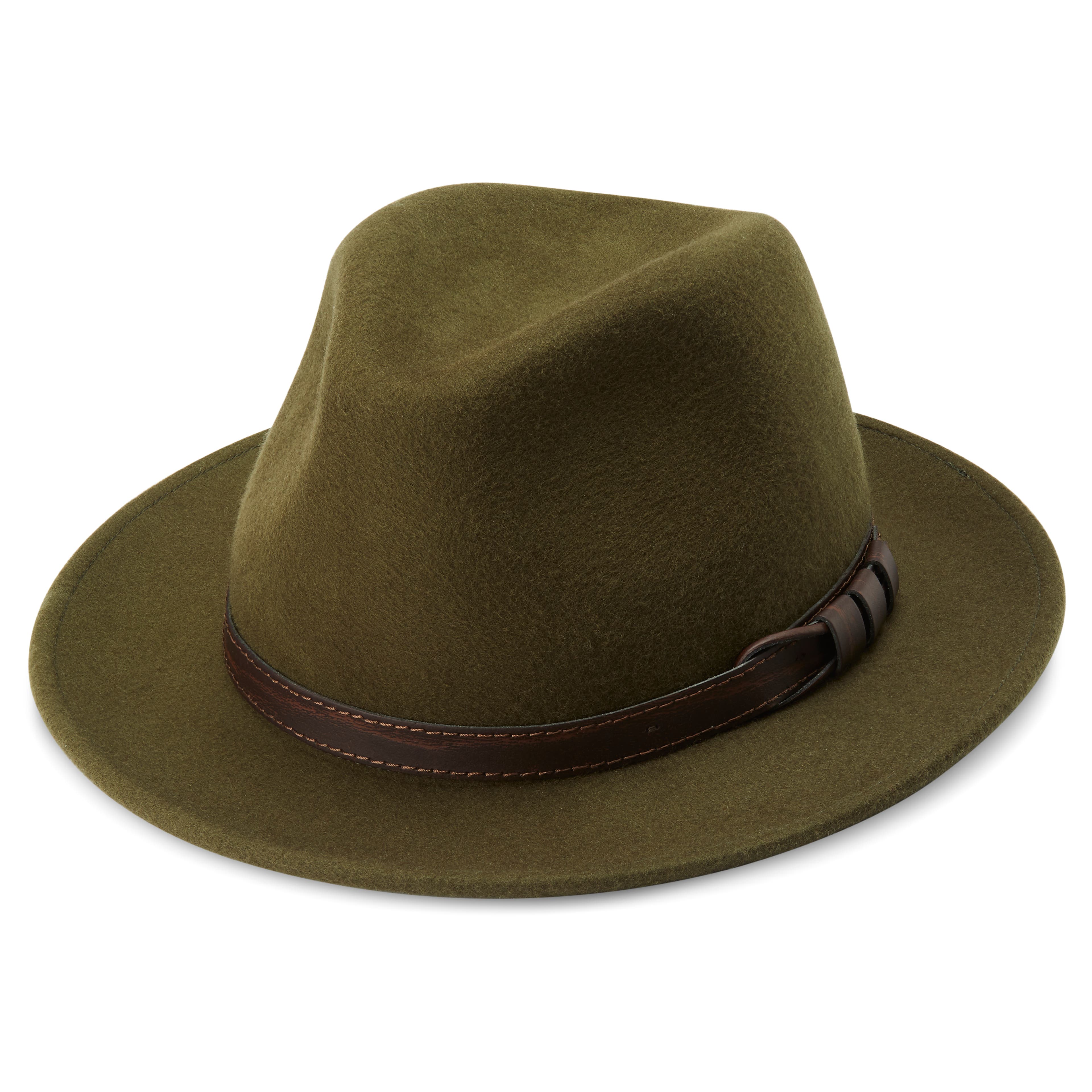 Moda | Bronze Green Wool Flat Brim Fedora Hat With Dark Brown Band