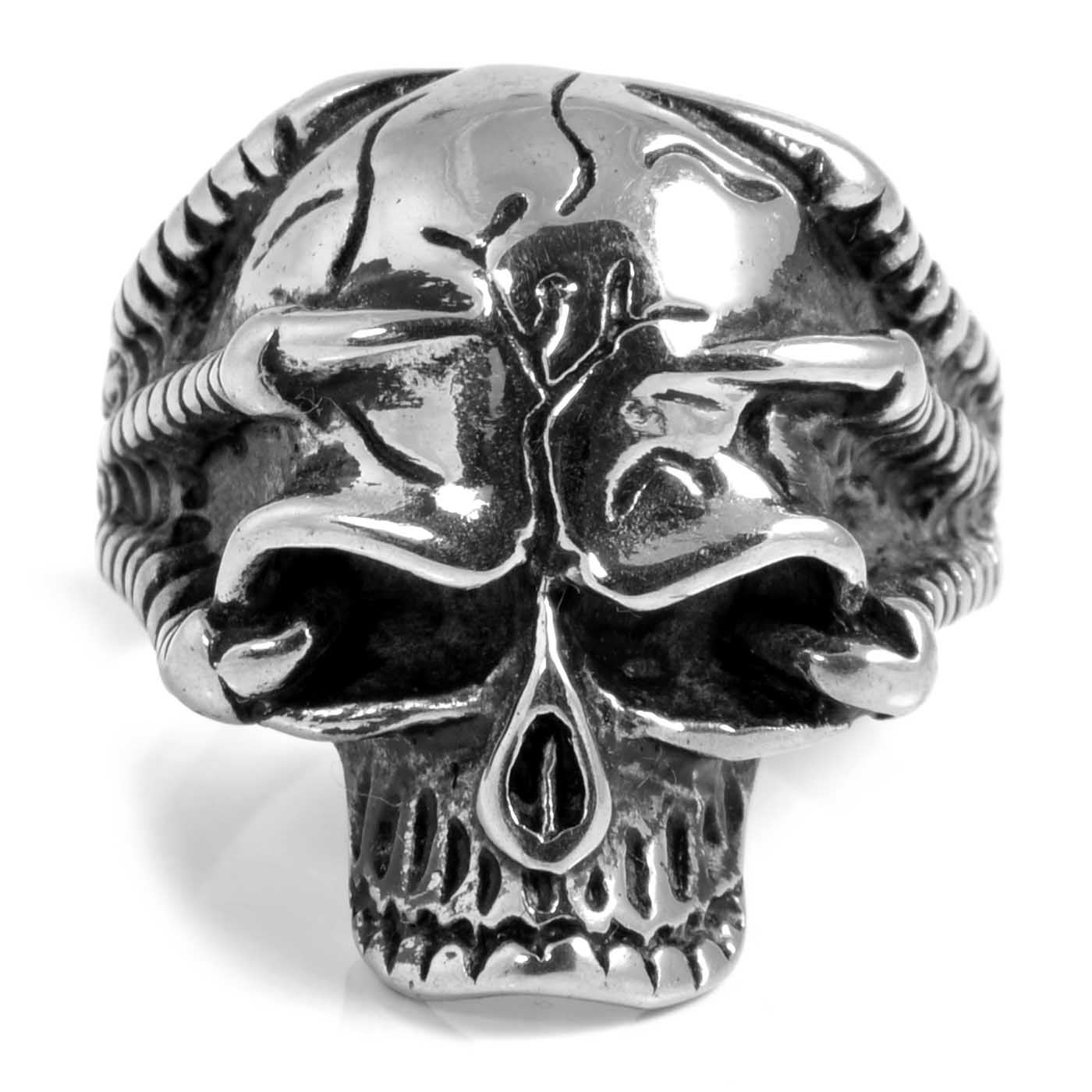 Anillo de acero con diseño de calavera azteca - 3