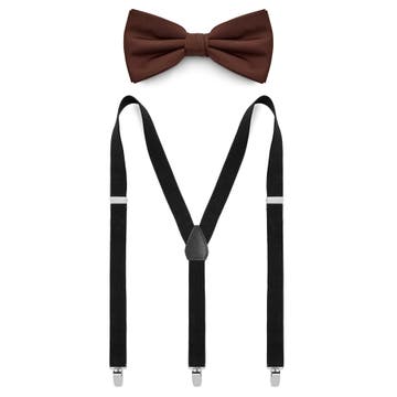 Dunklebraune vorgebundene Fliege und schwarze Hosenträger Set Dunklebraune vorgebundene Fliege und schwarze Hosenträger Set