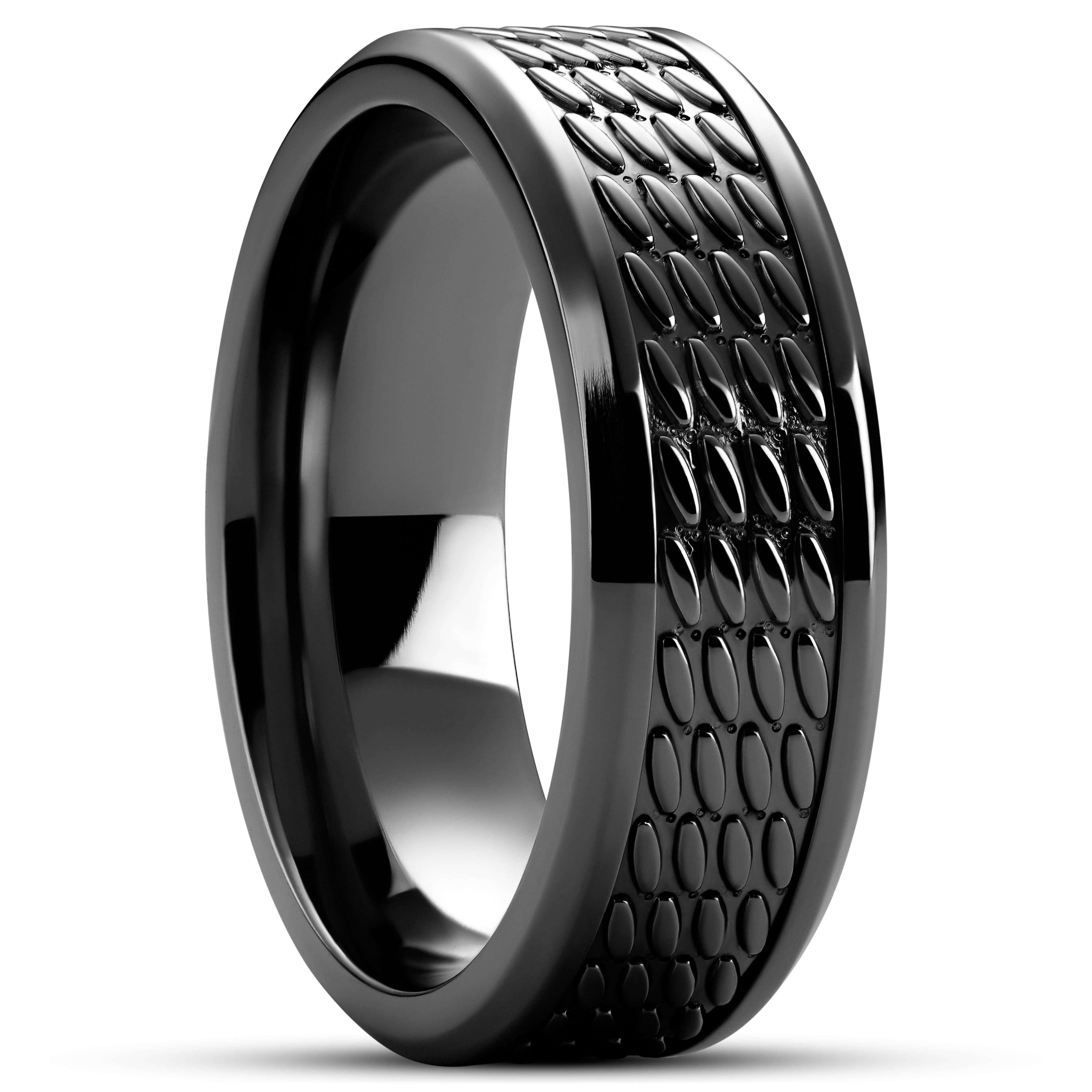Hyperan | 8 mm Sort Titanium Ring med Ovalt Mønster