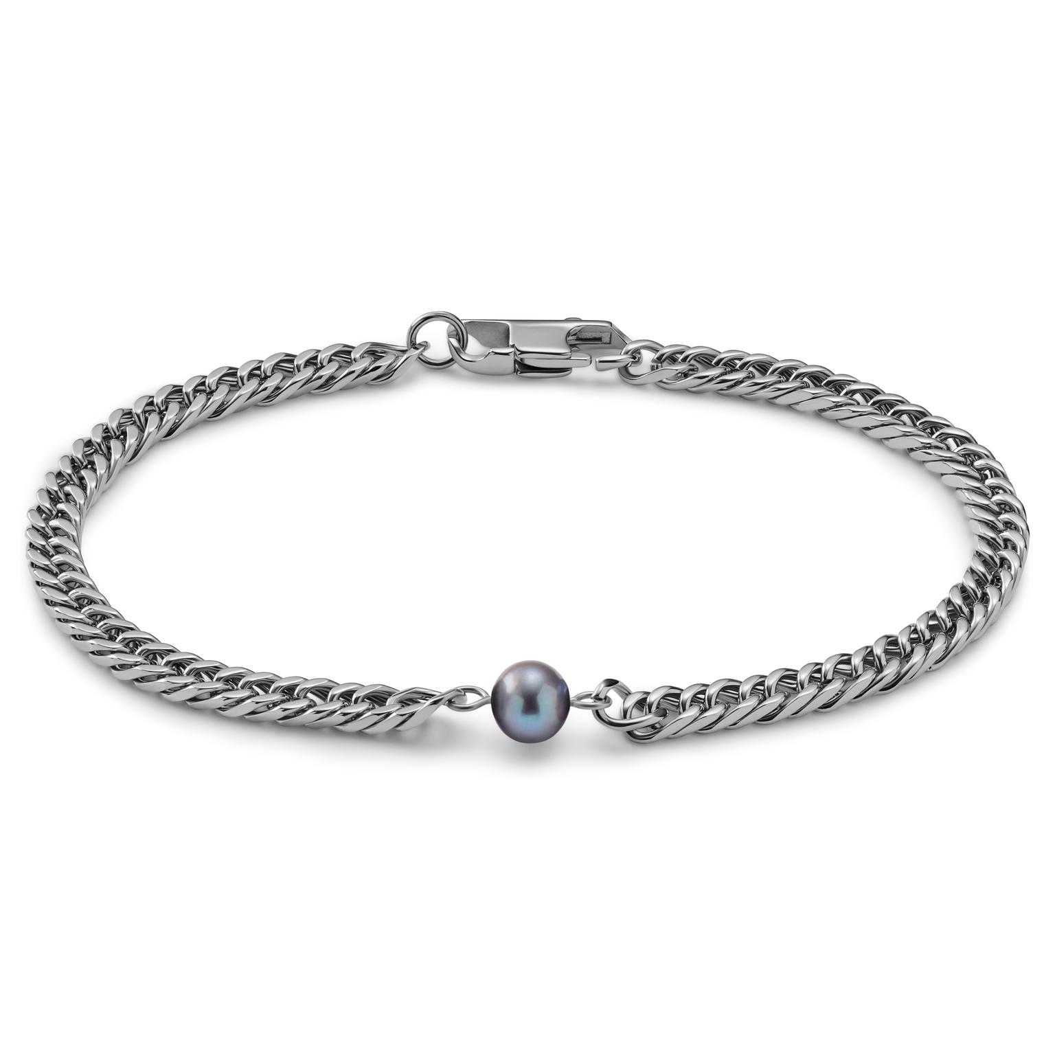 Ocata | Silver-Tone Cuban Chain & Black Pearl Bracelet Ocata | Silver-Tone Cuban Chain & Black Pearl Bracelet