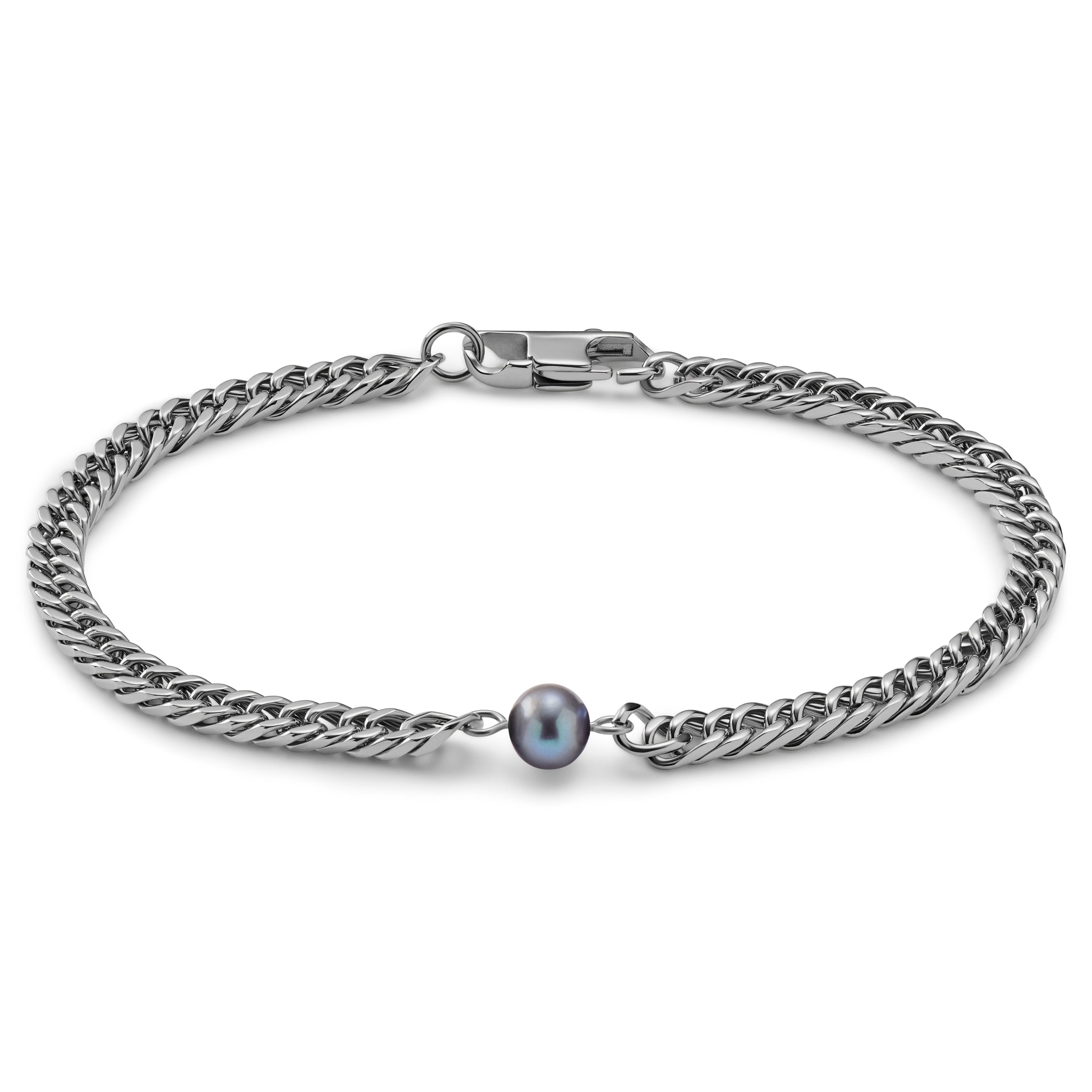 Ocata | Silberfarbenes Armband mit kubanischer Kette und schwarzen Perlen