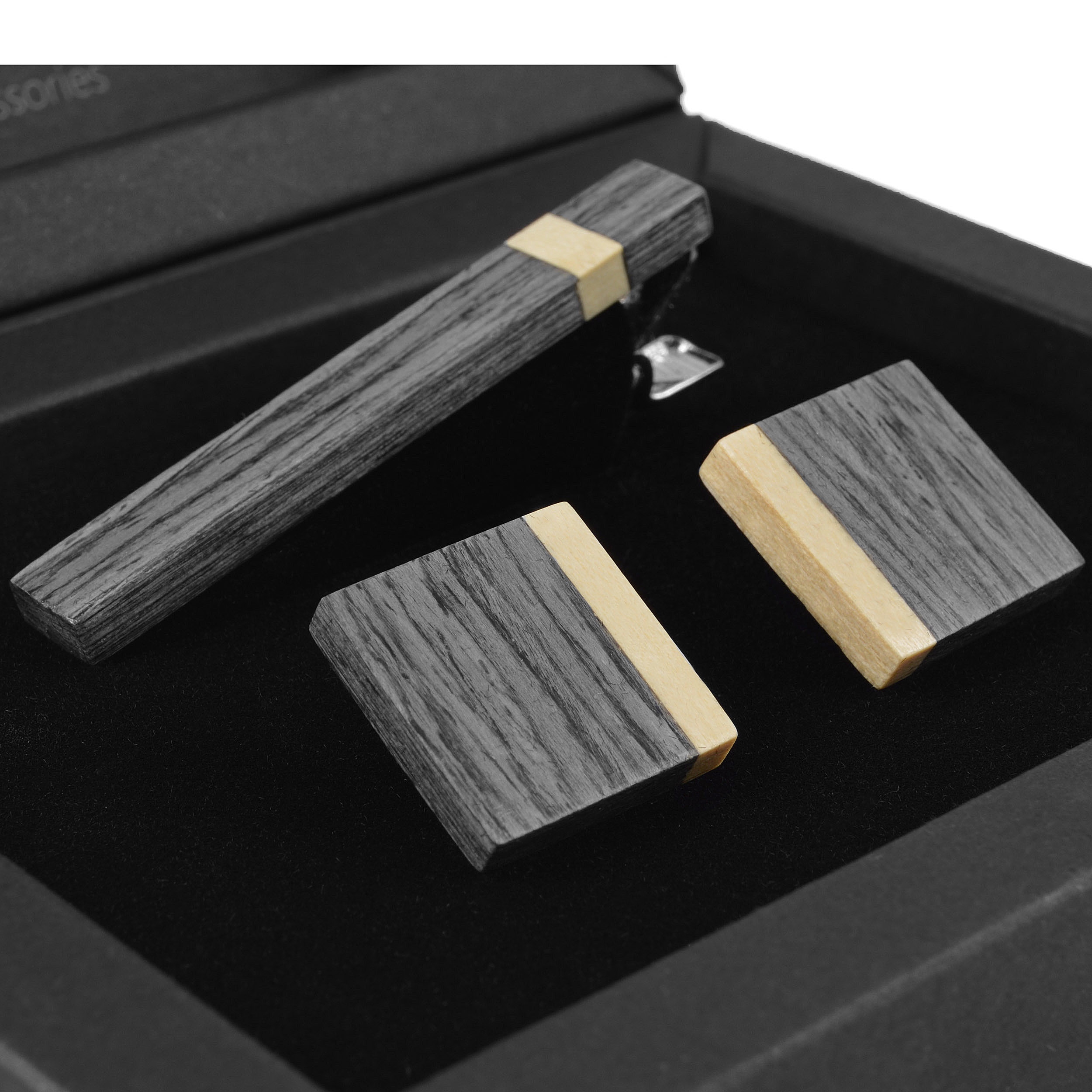 Grauer Eichenholz Set aus Krawattenspange und Manschettenknöpfen - 3