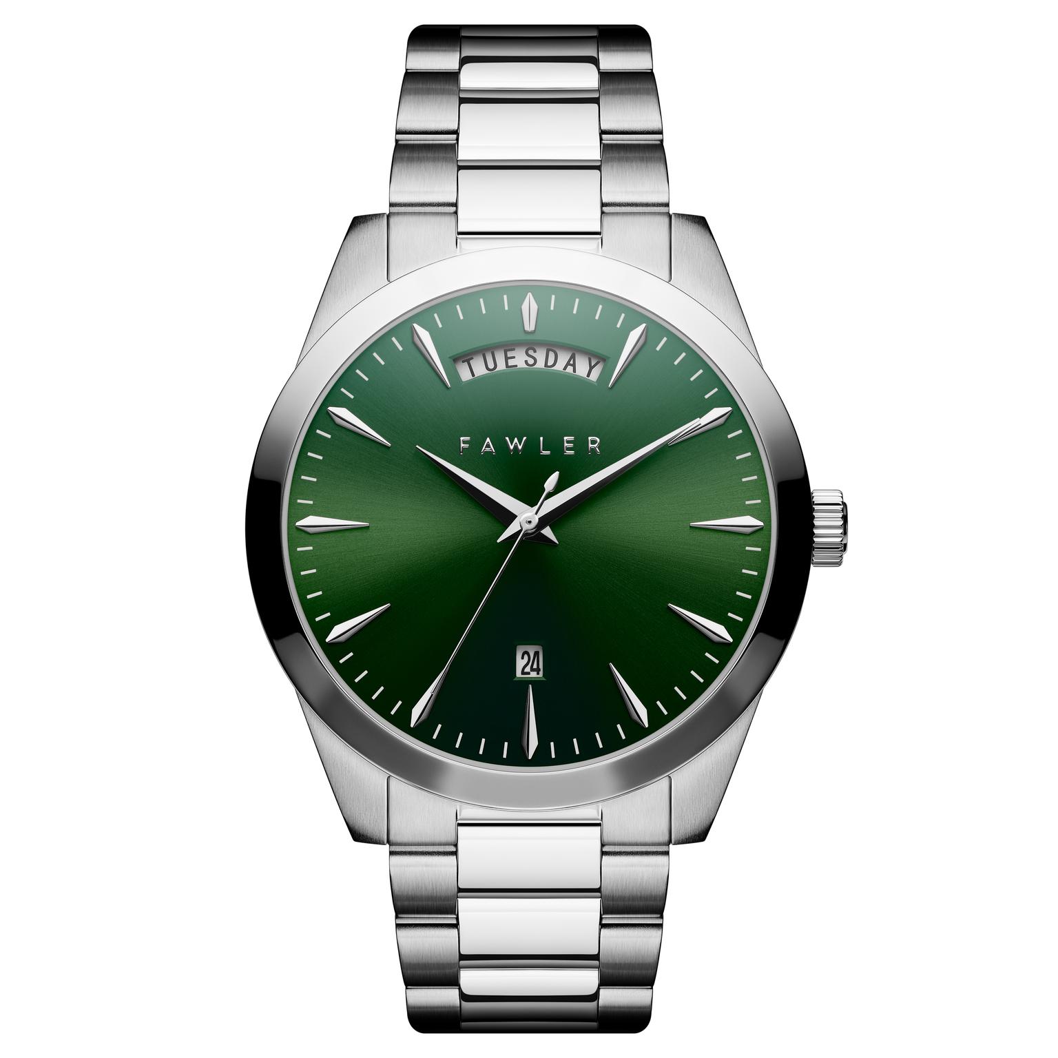Eric | Green and Silver-tone Stainless Steel Watch with Day and Date Eric | Green and Silver-tone Stainless Steel Watch with Day and Date