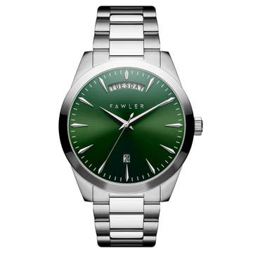 Eric | Srebrzysty zegarek ze stali nierdzewnej z zieloną tarczą oraz datownikiem i dniem tygodnia
