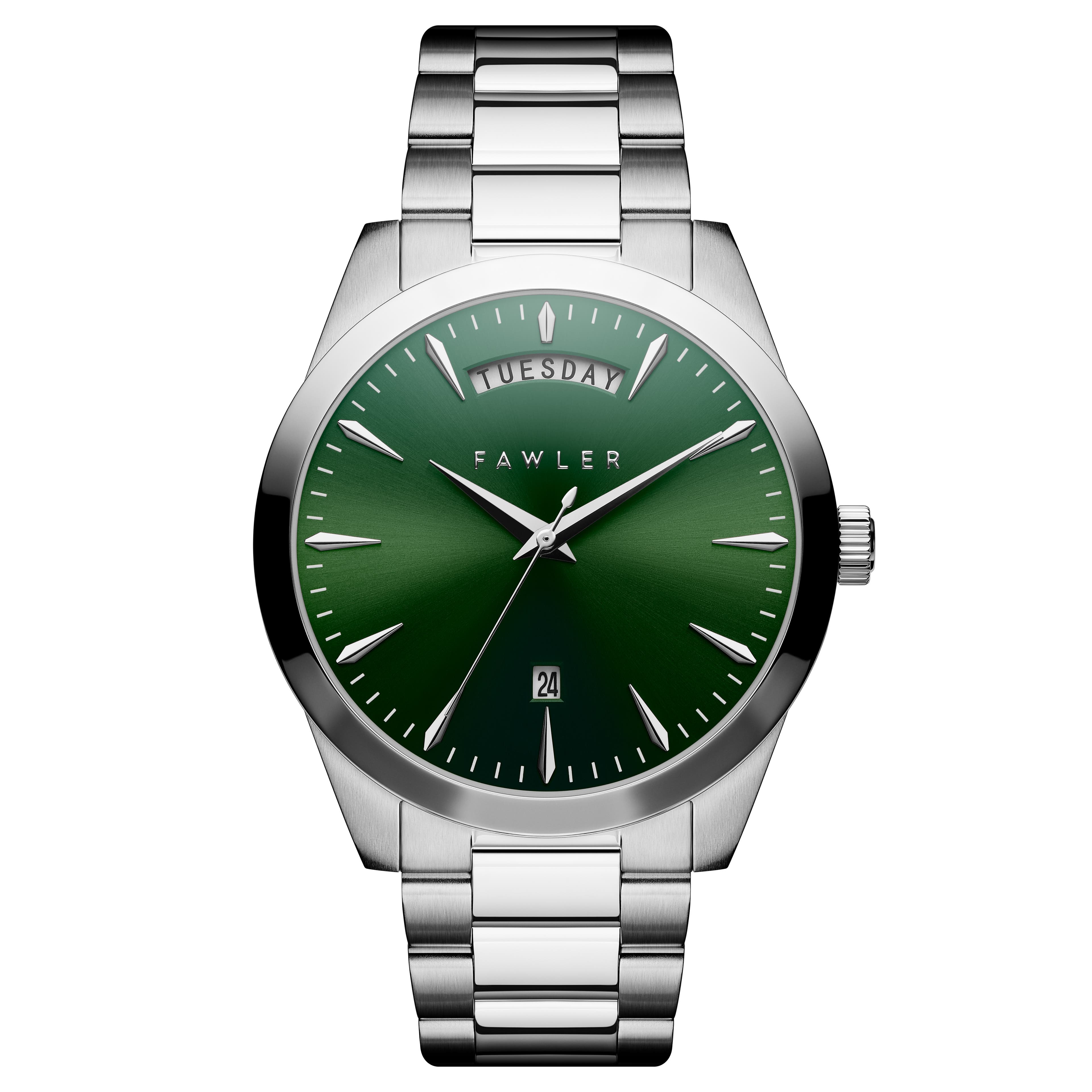 Eric | Srebrzysty zegarek ze stali nierdzewnej z zieloną tarczą oraz datownikiem i dniem tygodnia