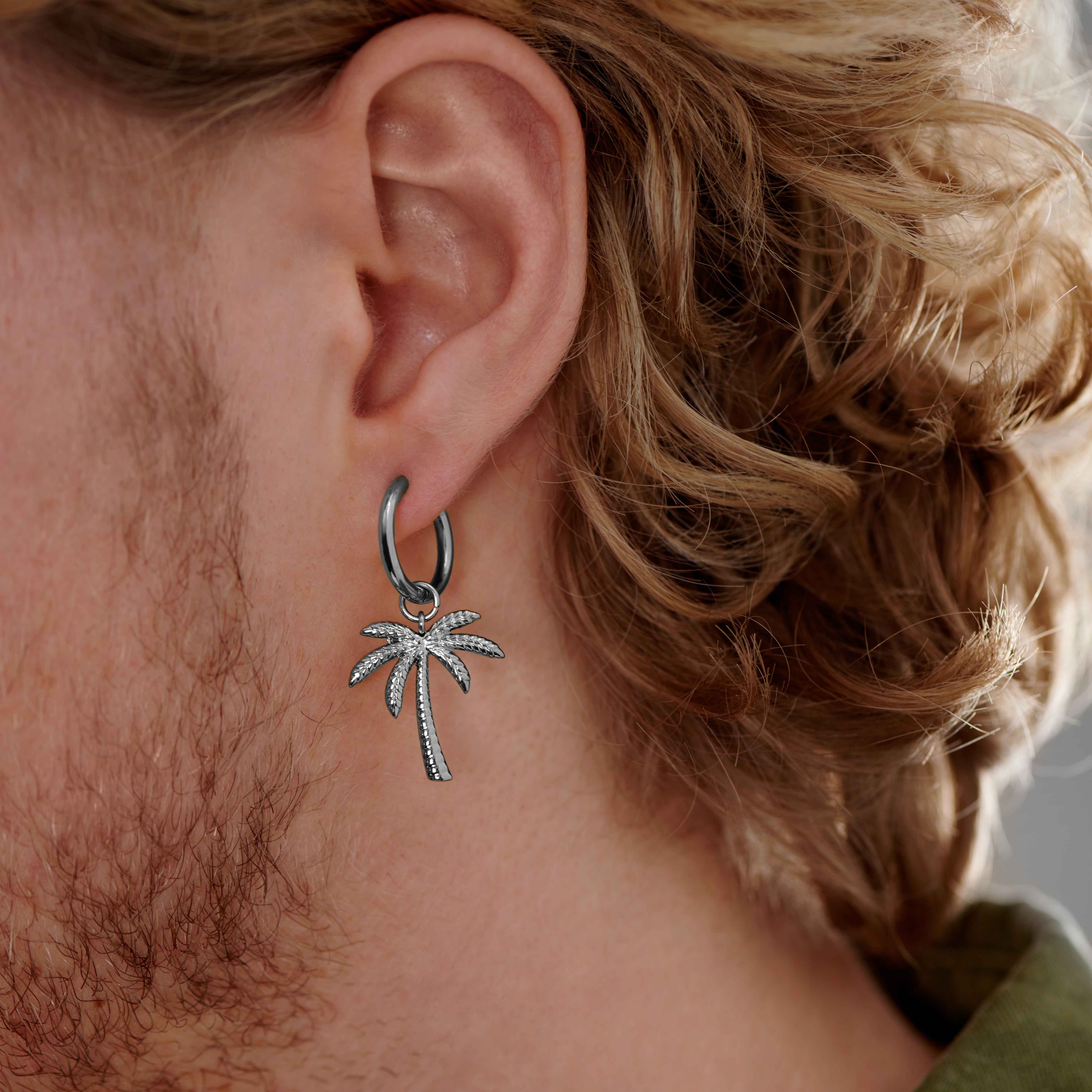 Silver-tone Titanium Drop Hoop Earring With Palm Tree Charm - 2