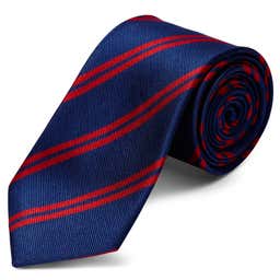Corbata de 8 cm de seda azul marino con rayas dobles rojas