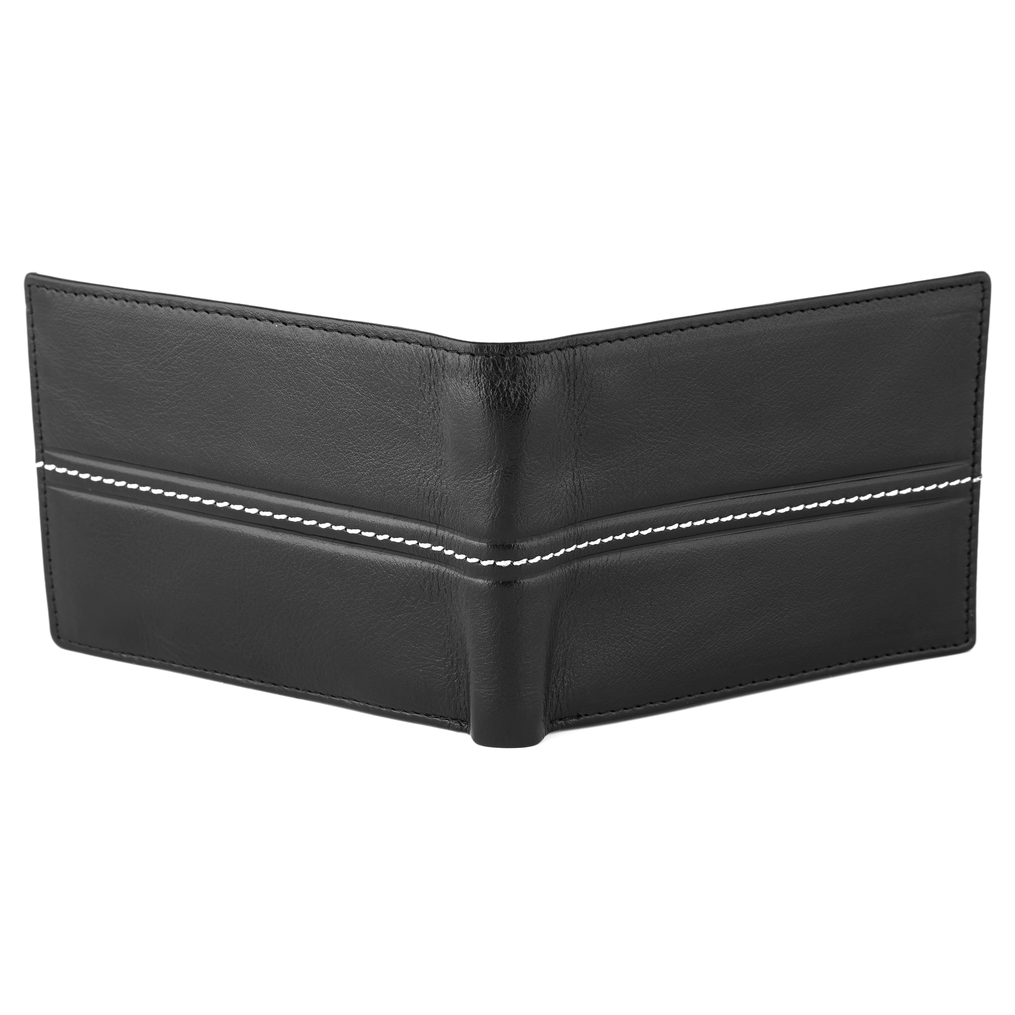Cartera de doble pliegue de cuero negro con costura Royce - 2