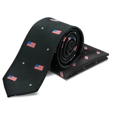 Double-Sided Pocket Square and Necktie Set with the American Flag