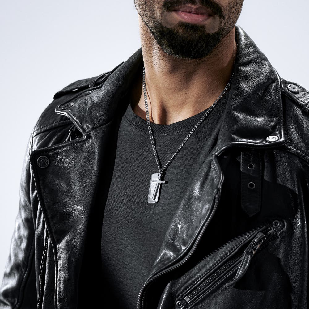 hover: Icarus | Silver-Tone Stainless Steel Cross & Dog Tag Curb Chain Necklace hover: Icarus | Silver-Tone Stainless Steel Cross & Dog Tag Curb Chain Necklace
