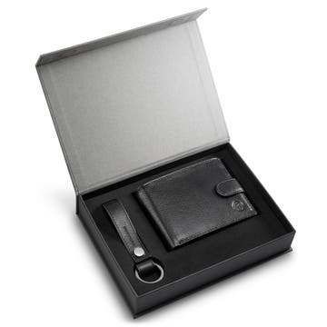 Black Leather Bifold Wallet and Keyring Gift Box Black Leather Bifold Wallet and Keyring Gift Box