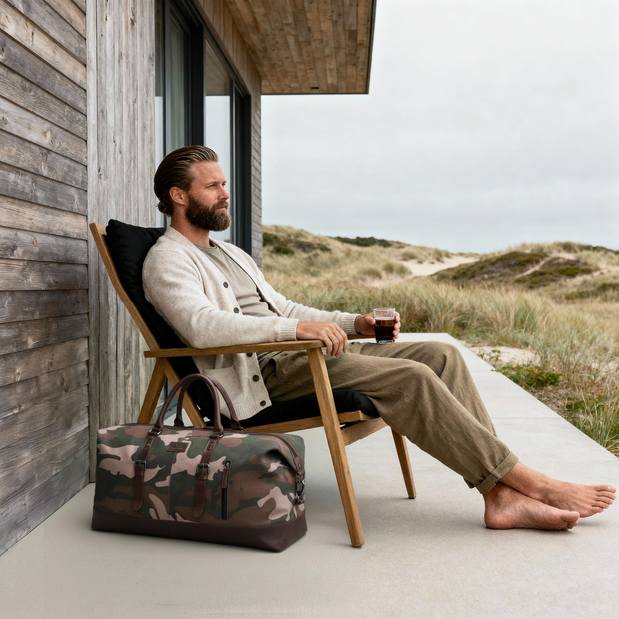 Reisetasche aus Canvas und Büffelleder mit Blattmuster und Camouflage-Muster - 2