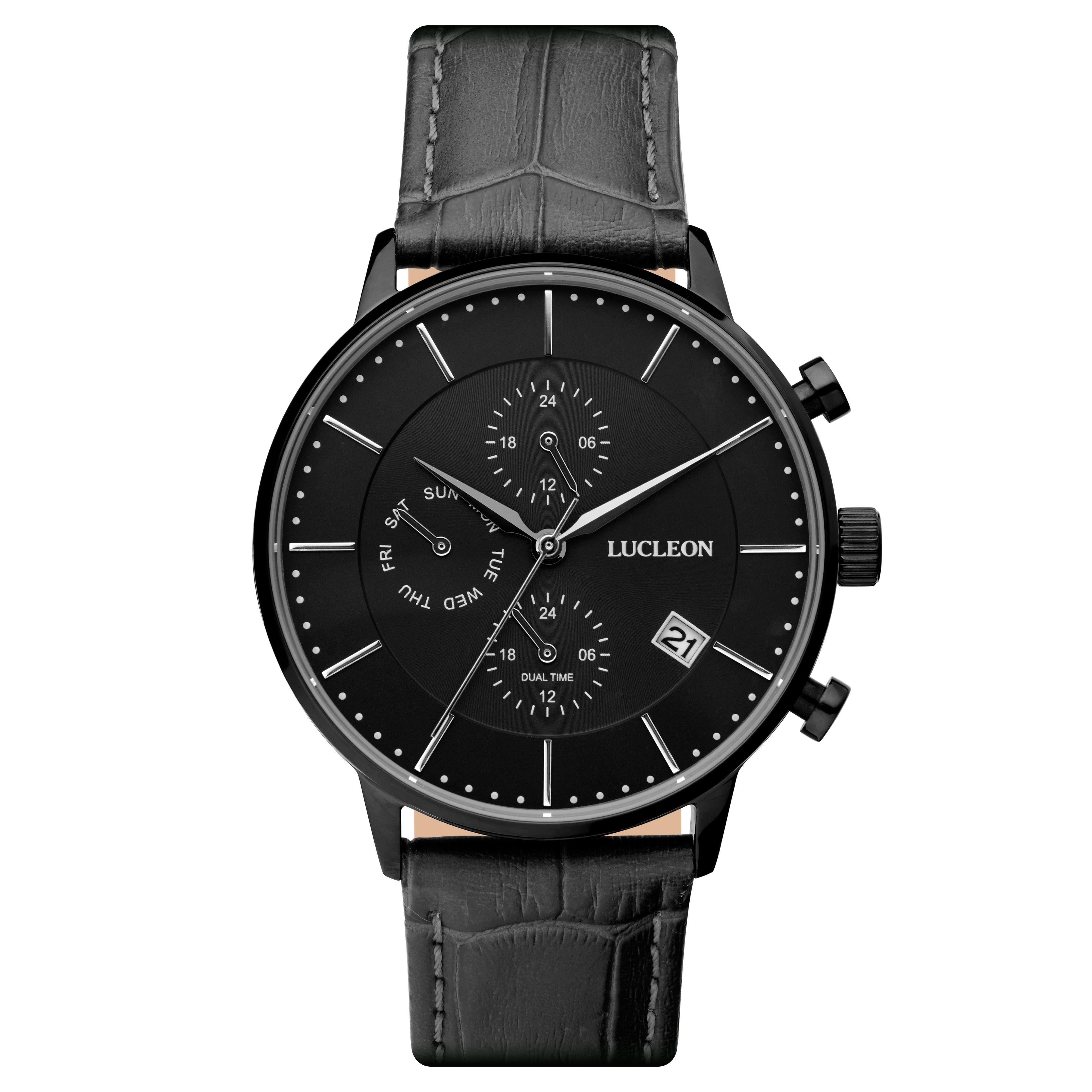 Ternion | Black Dual-Time Watch With Black Dial & Black Leather Strap