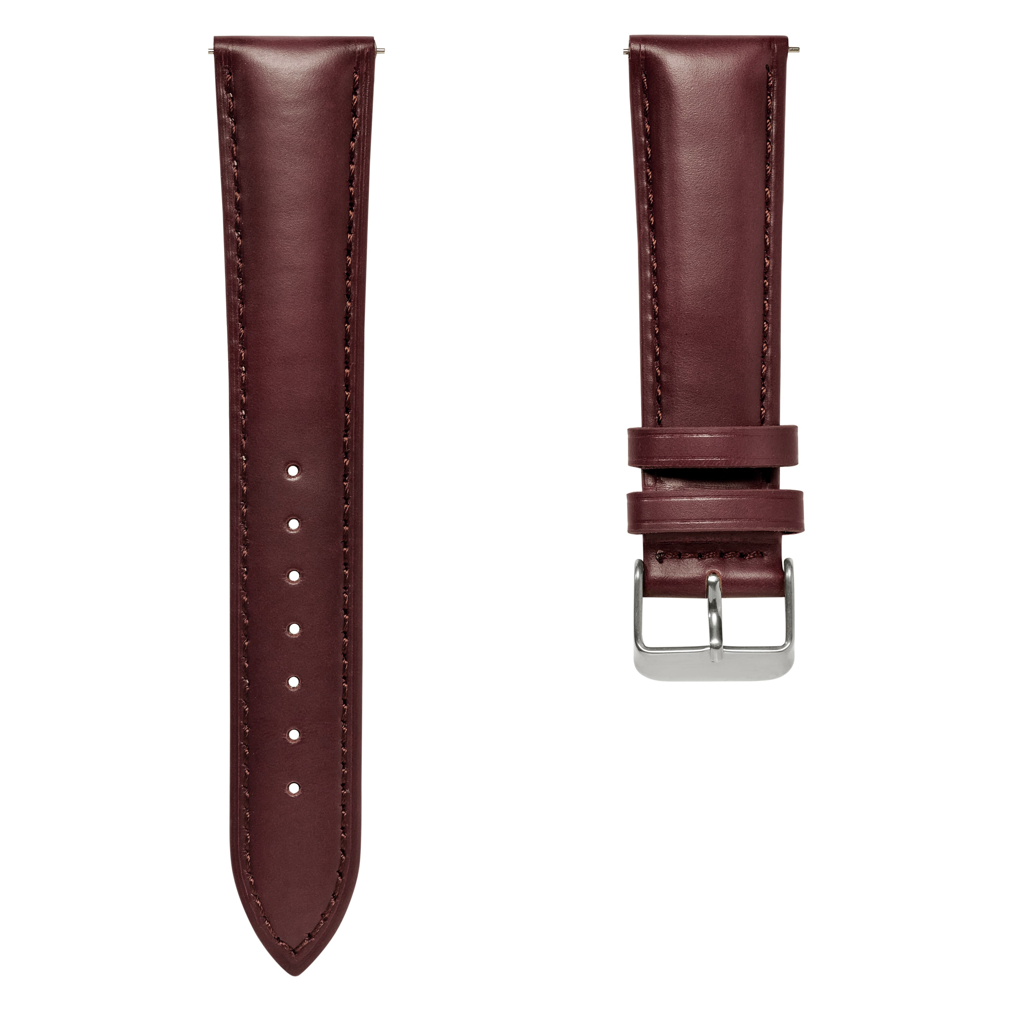 Bracelet de montre en cuir marron foncé 21 mm avec boucle argentée - Système de fixation rapide
