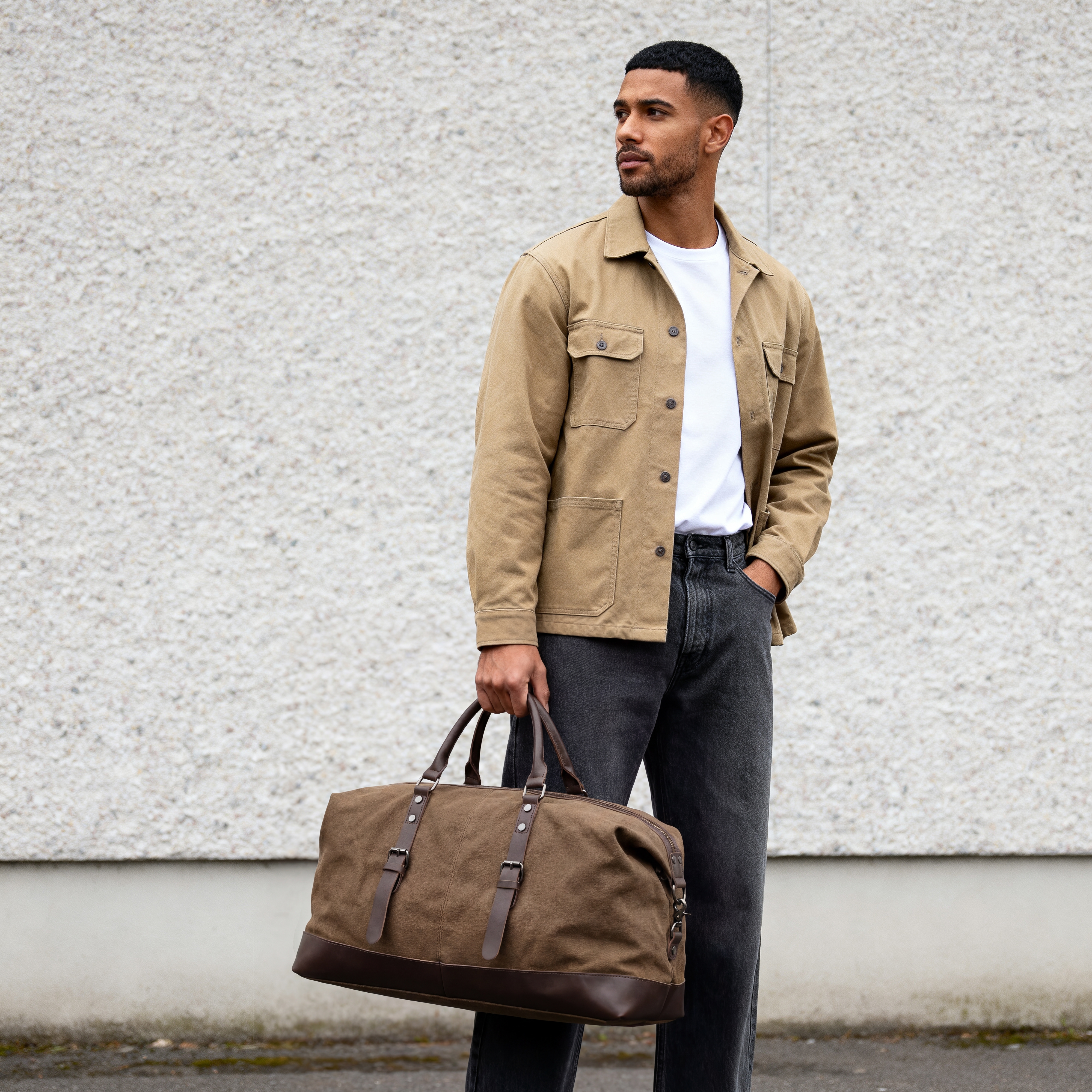 Vintage Duffel Bag av Karamellfarget Lerret og Brunt Skinn - 3