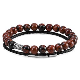 Brown Natural Stone & Braided Leather Band Bracelet Set