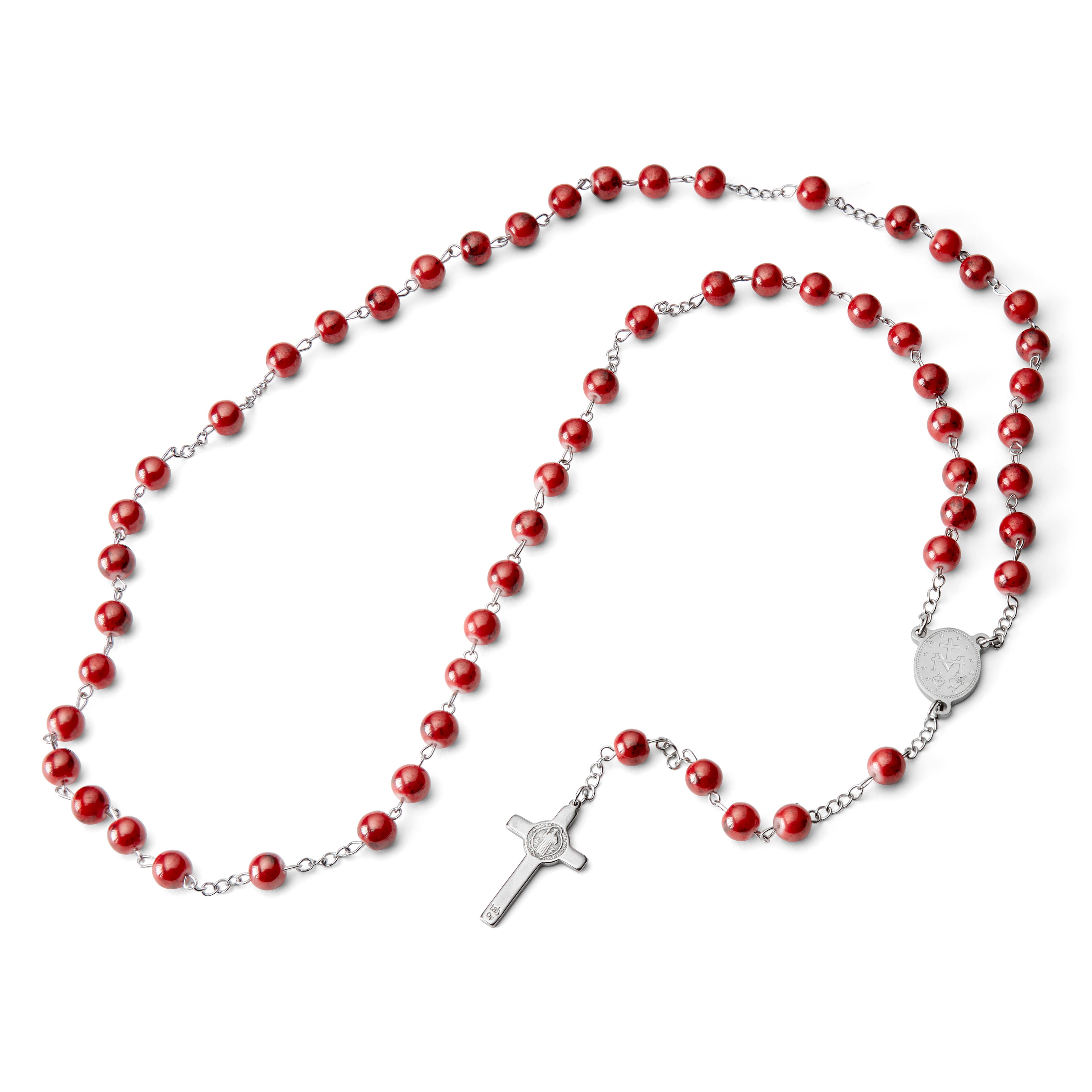 Silver-Tone & Red Rosary With Silver-Tone Our Lady Of Guadalupe & Cross Beads Necklace
