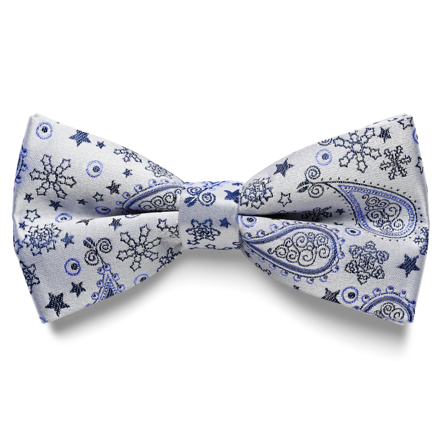 Weiß & blaue vorgebundene Fliege aus Seide mit Paisleymuster Weiß & blaue vorgebundene Fliege aus Seide mit Paisleymuster