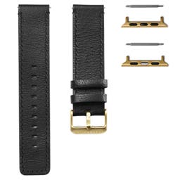 Schwarzes Leder Uhrenarmband mit Apple Watch Adapter in Gold (38mm / 40mm)