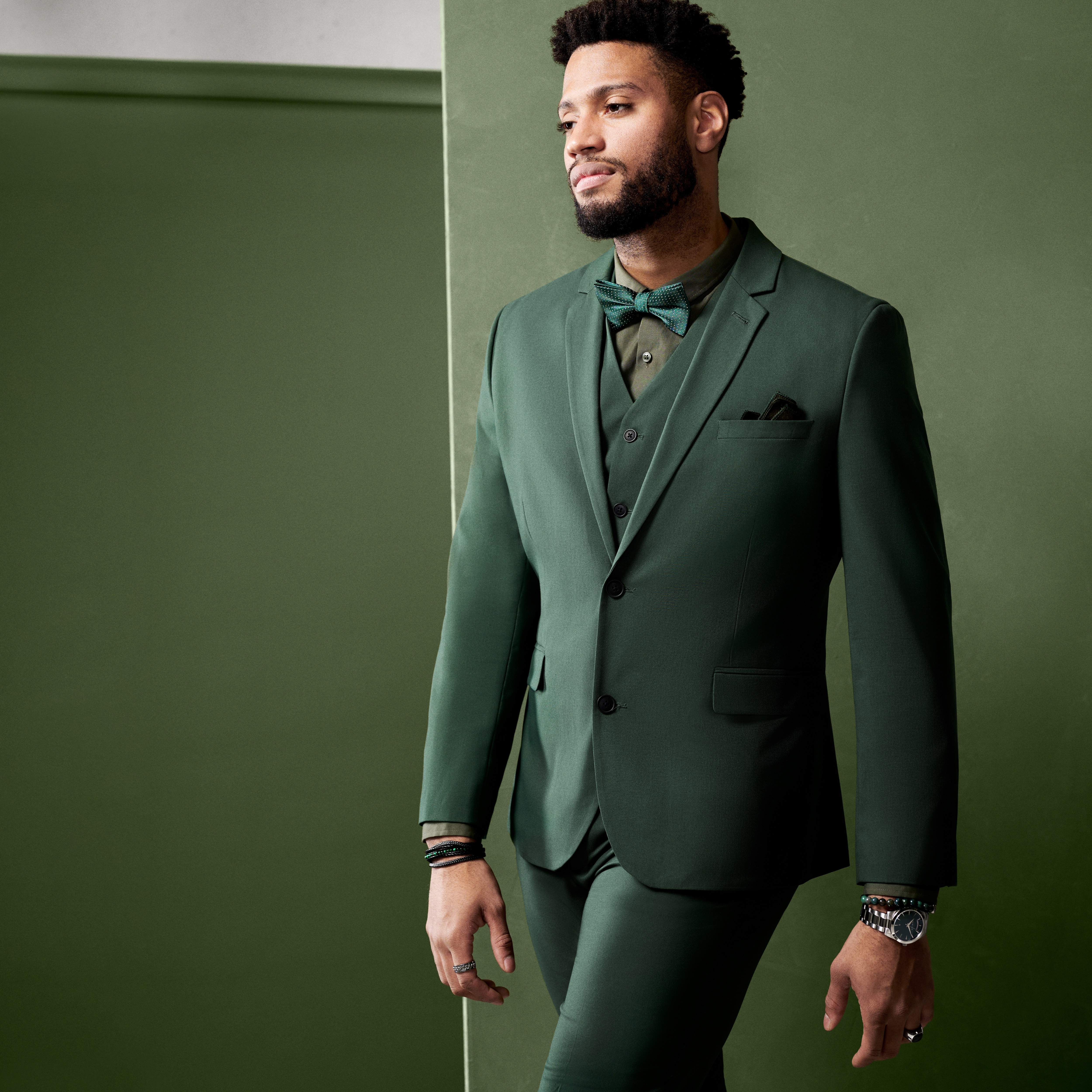 Eric | Reloj de acero inoxidable plateado y verde con día y fecha - 4