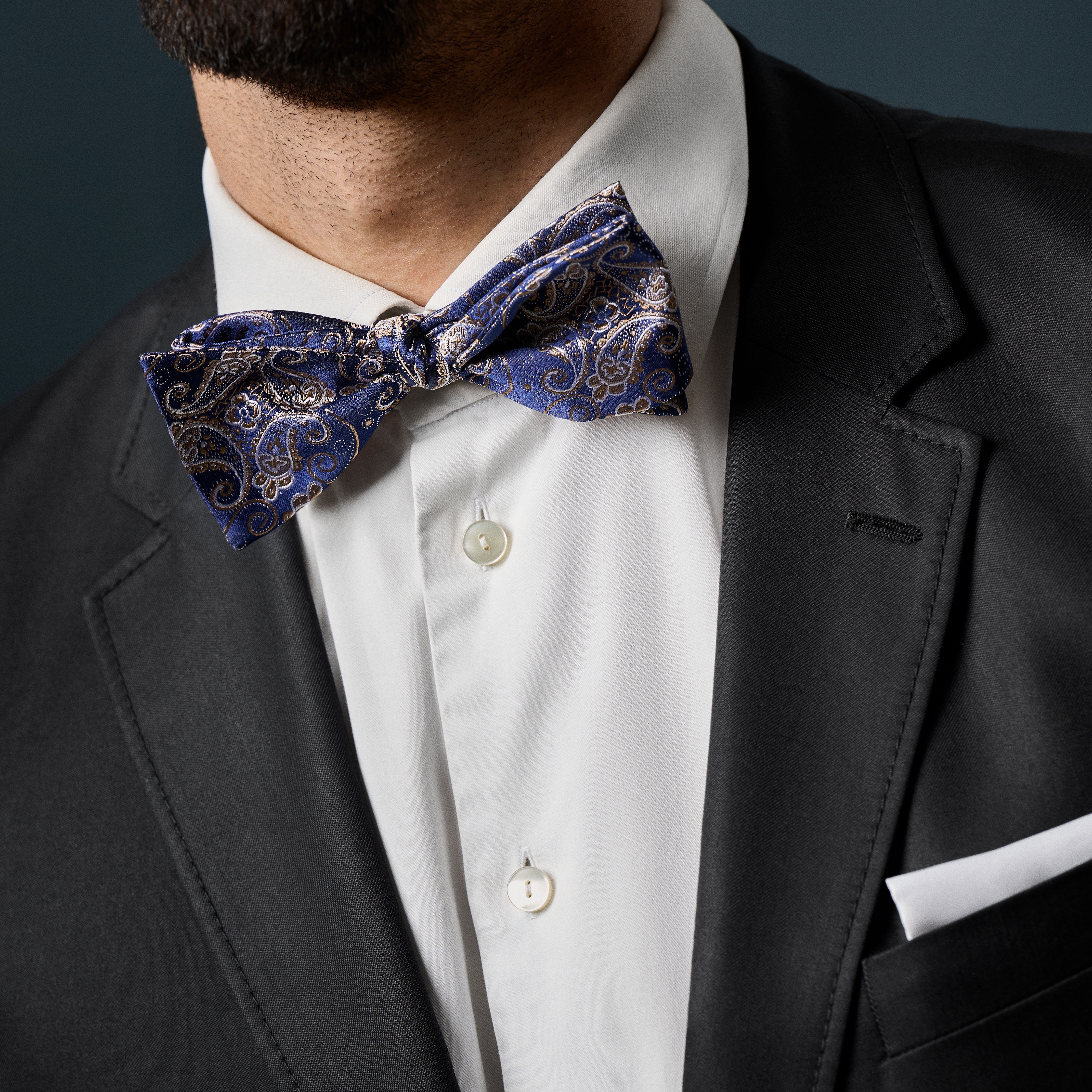 Blue & Gold Paisley Pattern Silk Pre-Tied Bow tie - 3