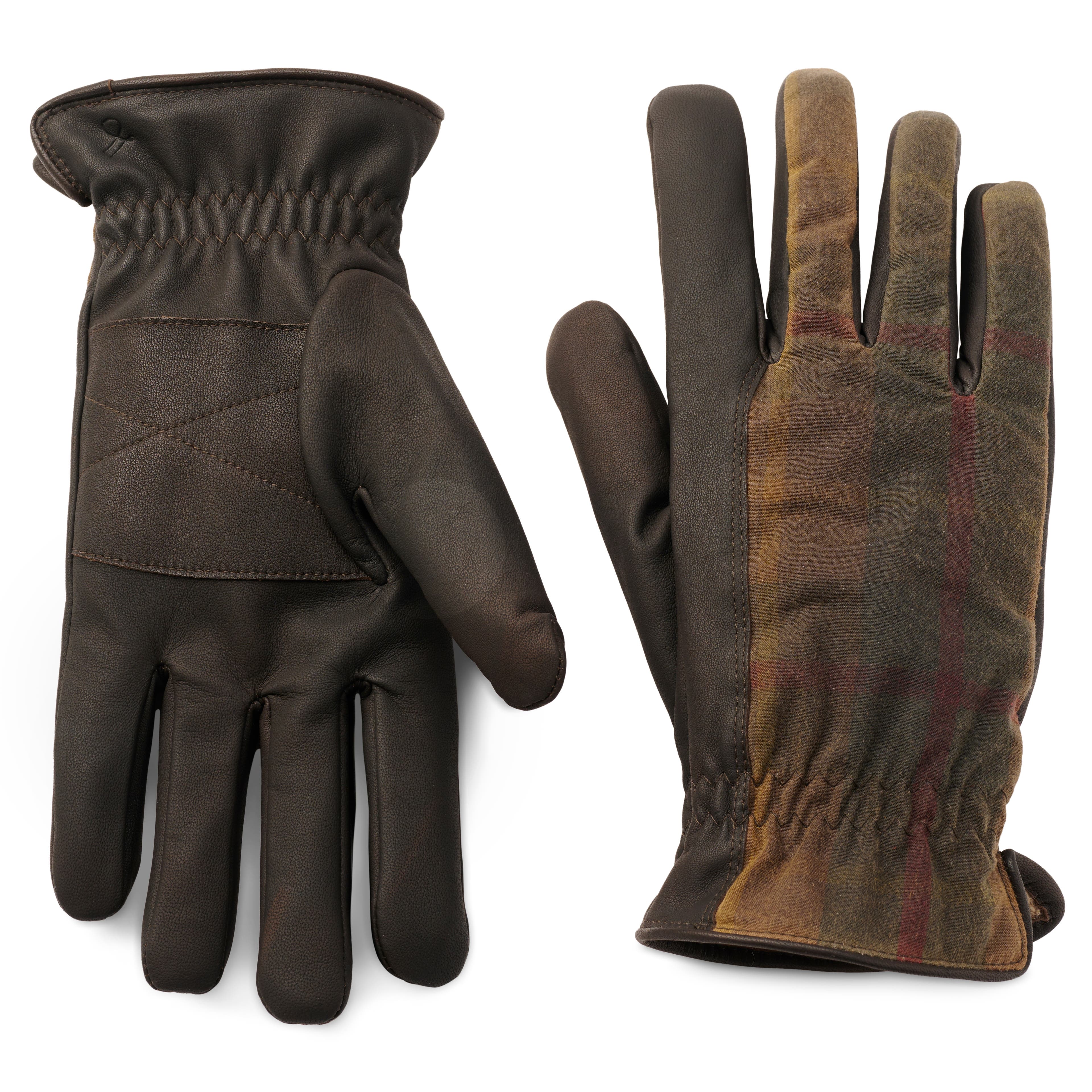 Hnedé kockované rukavice z kože a vlny