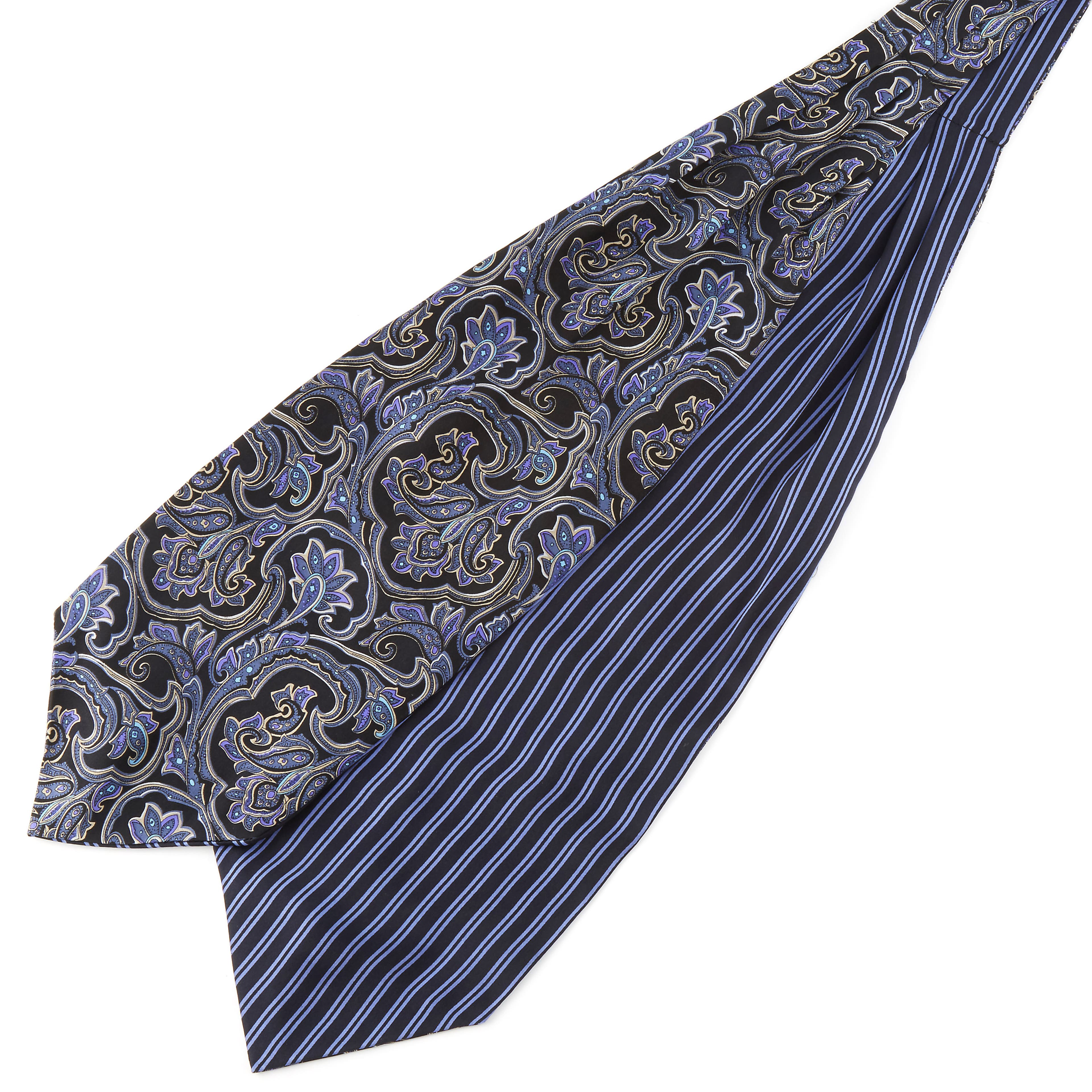Cravatta ascot di seta blu fantasia a righe e barocca 