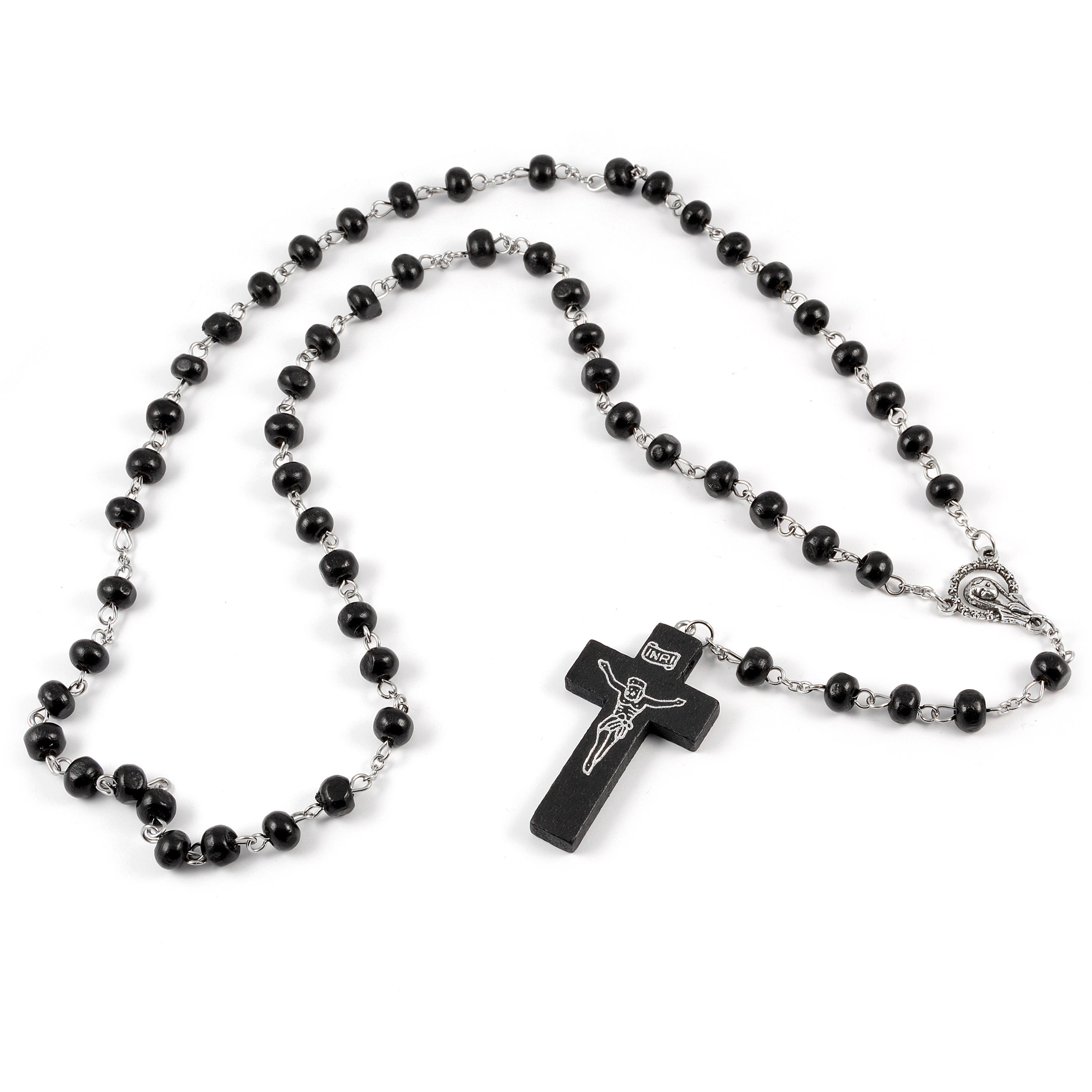 Black Wooden Beaded Rosary Necklace