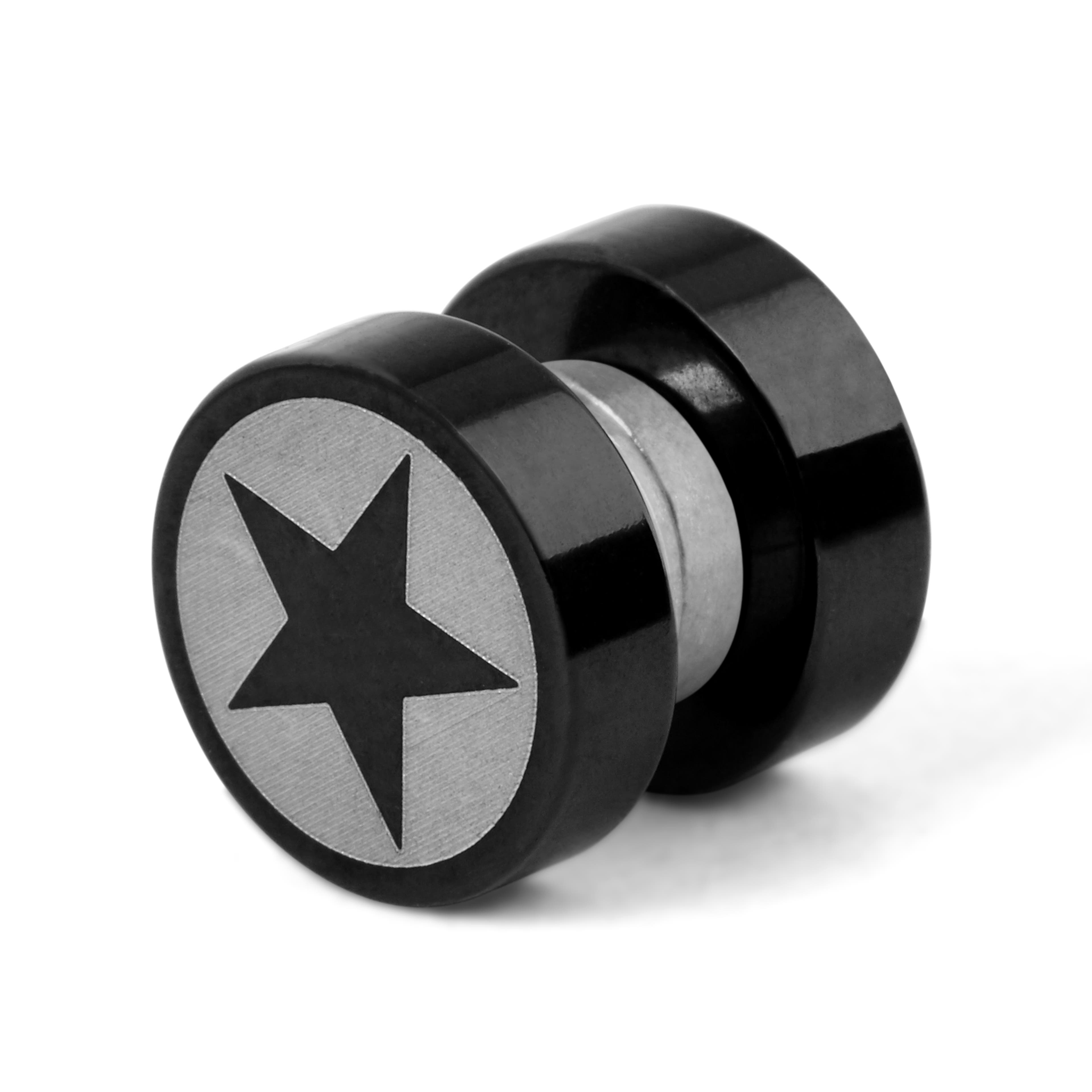  Mágneses kerek fülbevaló ezüst és fekete csillagmintával - 8 mm