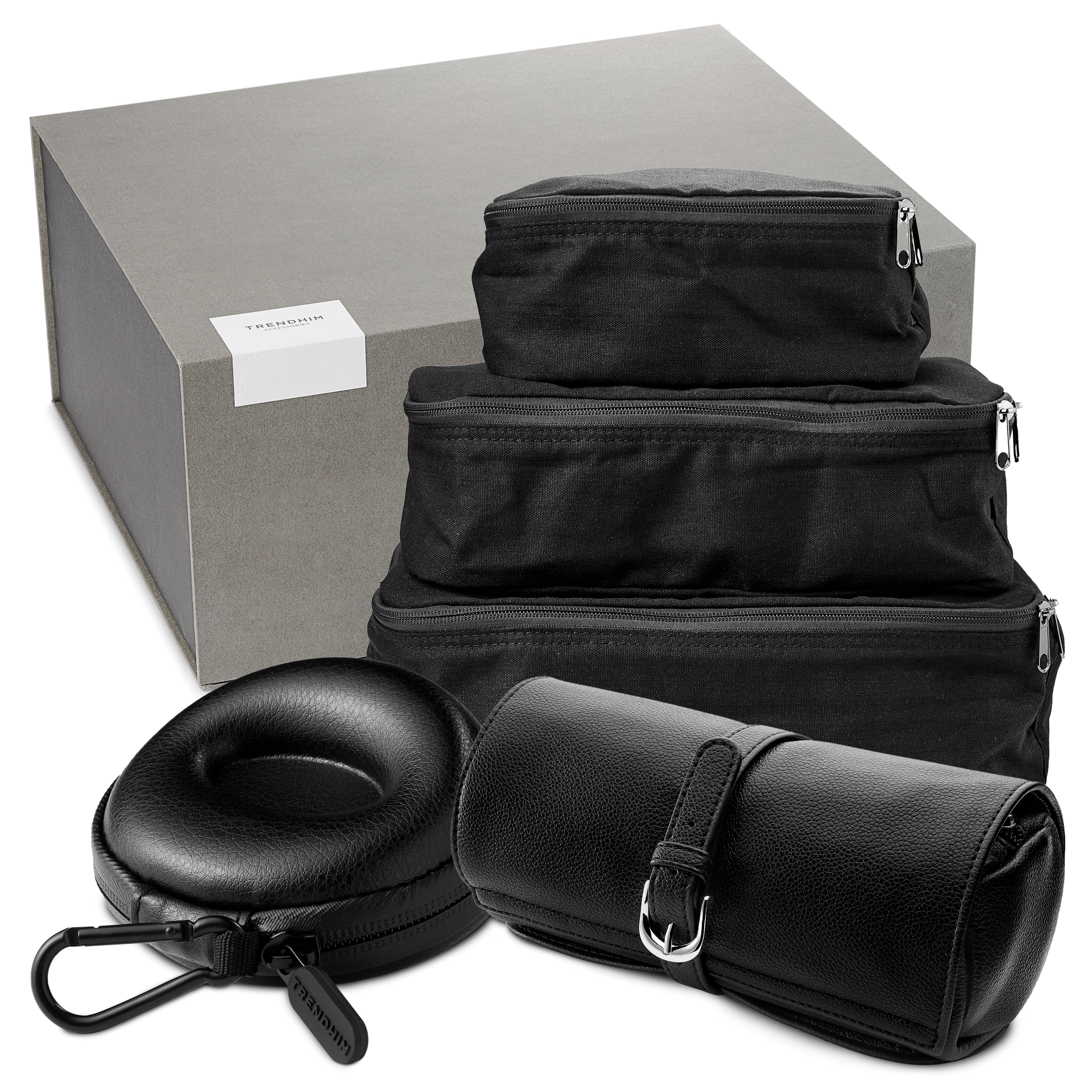 Deluxe Travel Packing Gift Box Black Leather Canvas In stock