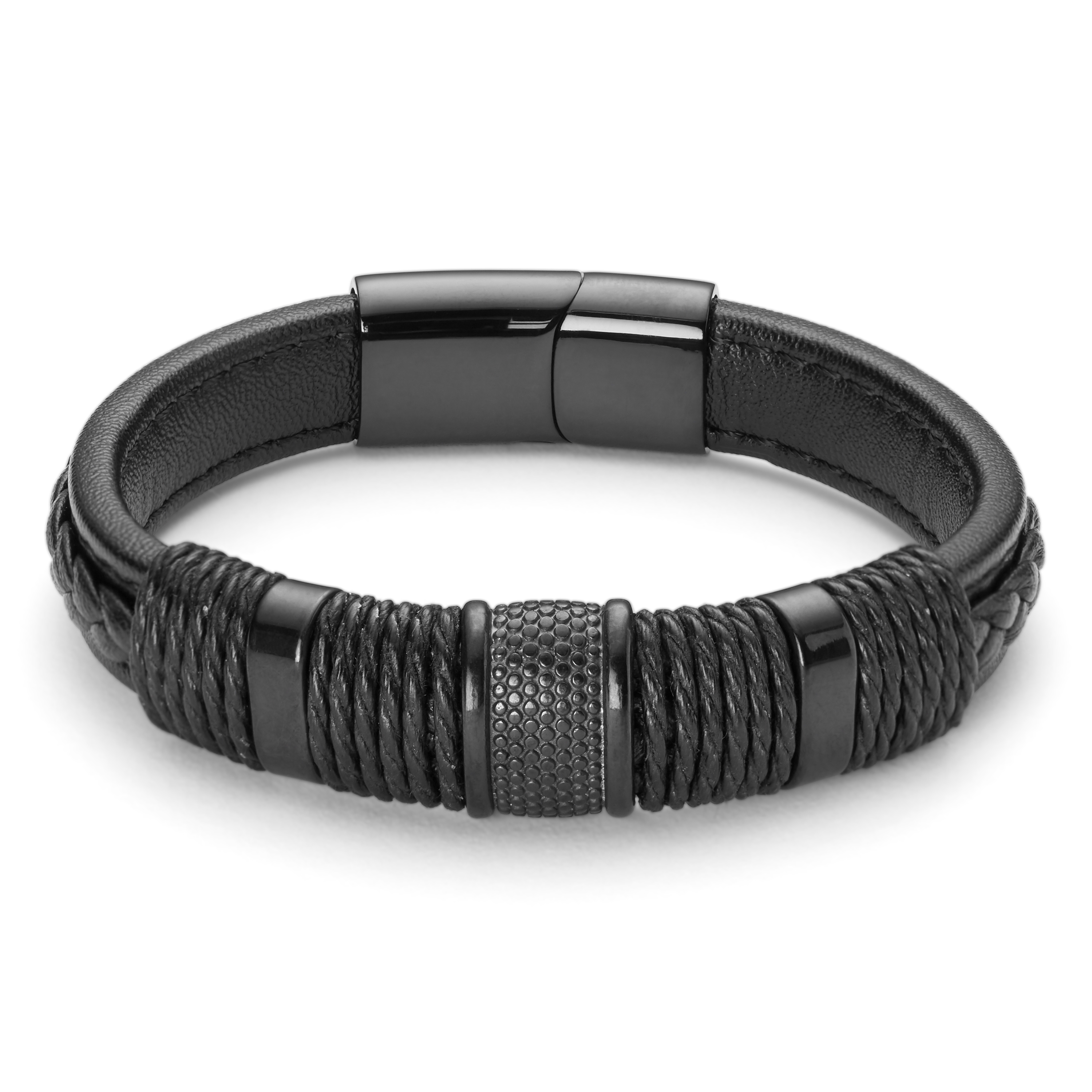 Men's All Black Leather Band and Rope String Bracelet