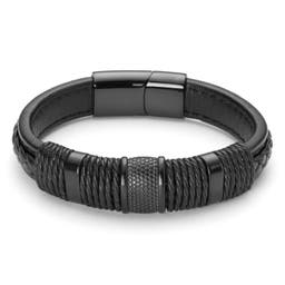 Black Leather & Stainless Steel Icon Bracelet