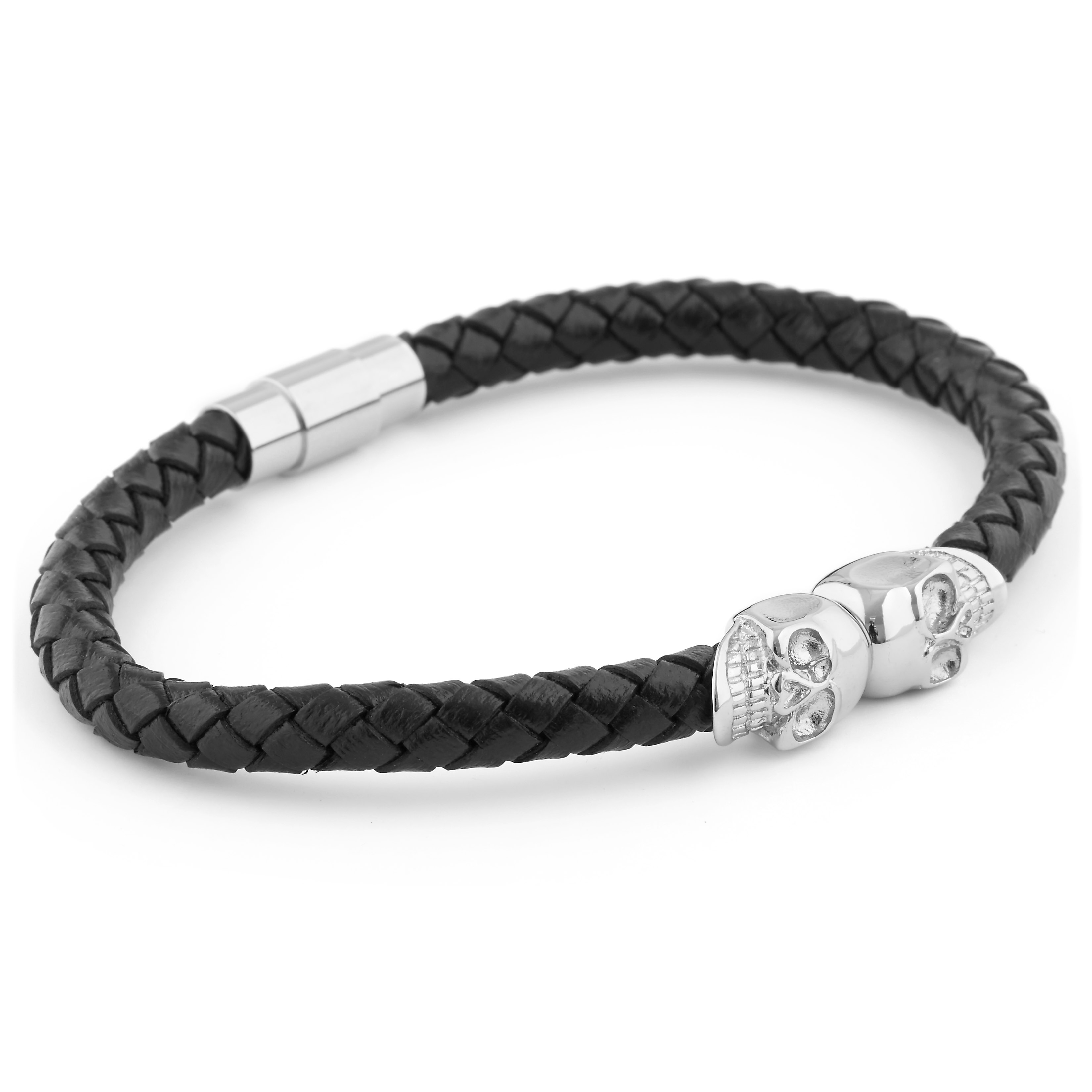 Silver-Tone Skull Leather Bracelet - 3