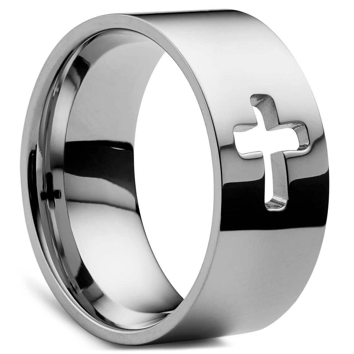 Gravel 10 mm Silver-Tone Stainless Steel Cross Symbol Ring In