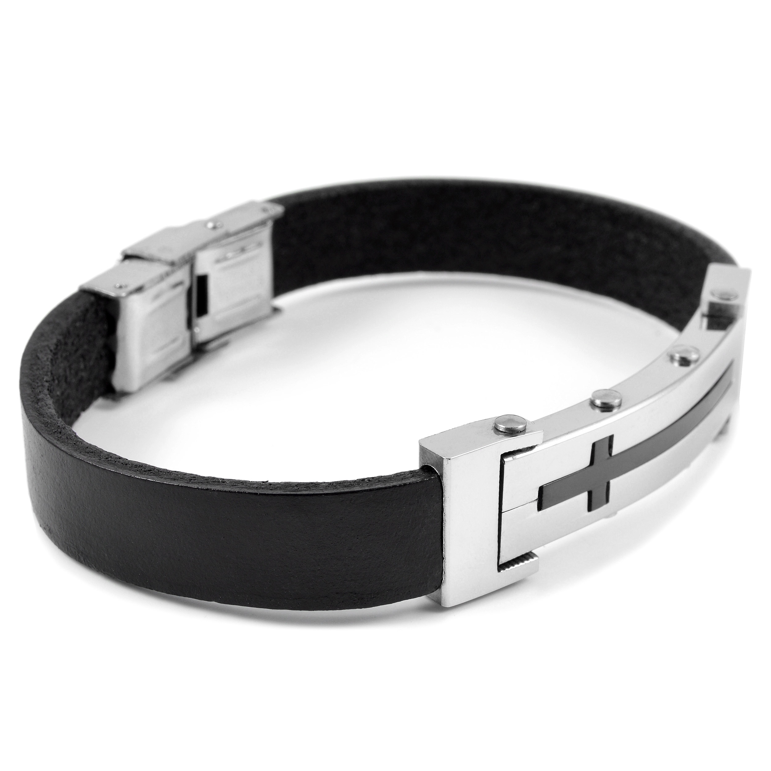 Svart Kors Skinnarmbånd - 3