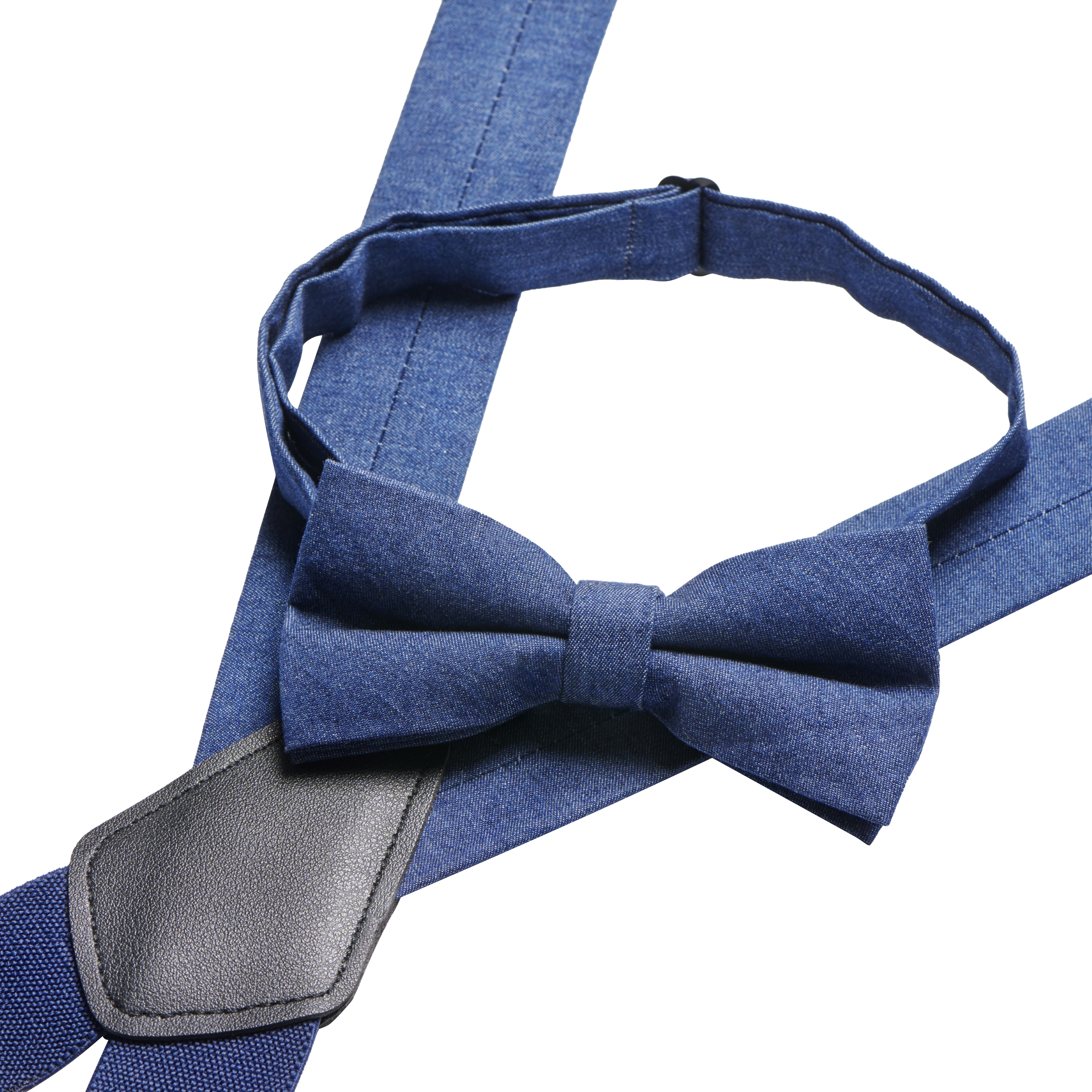 Marineblaues Denim X-Rücken Clip-On Hosenträger & Vorgebundene Fliege Set - 2