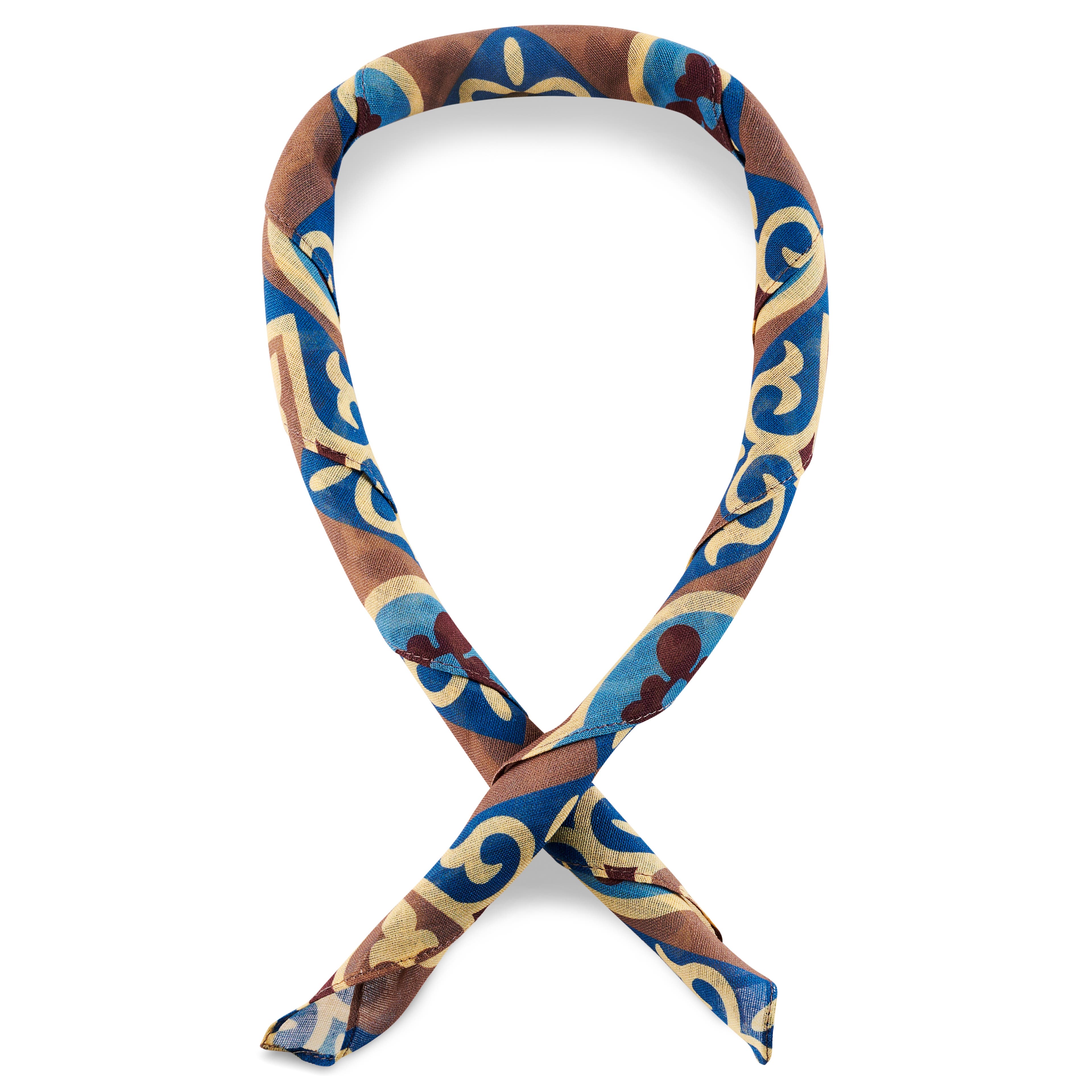 Памучна кърпа за врат с икат мотив в синьо и кафявбо Памучна кърпа за врат с икат мотив в синьо и кафявбо