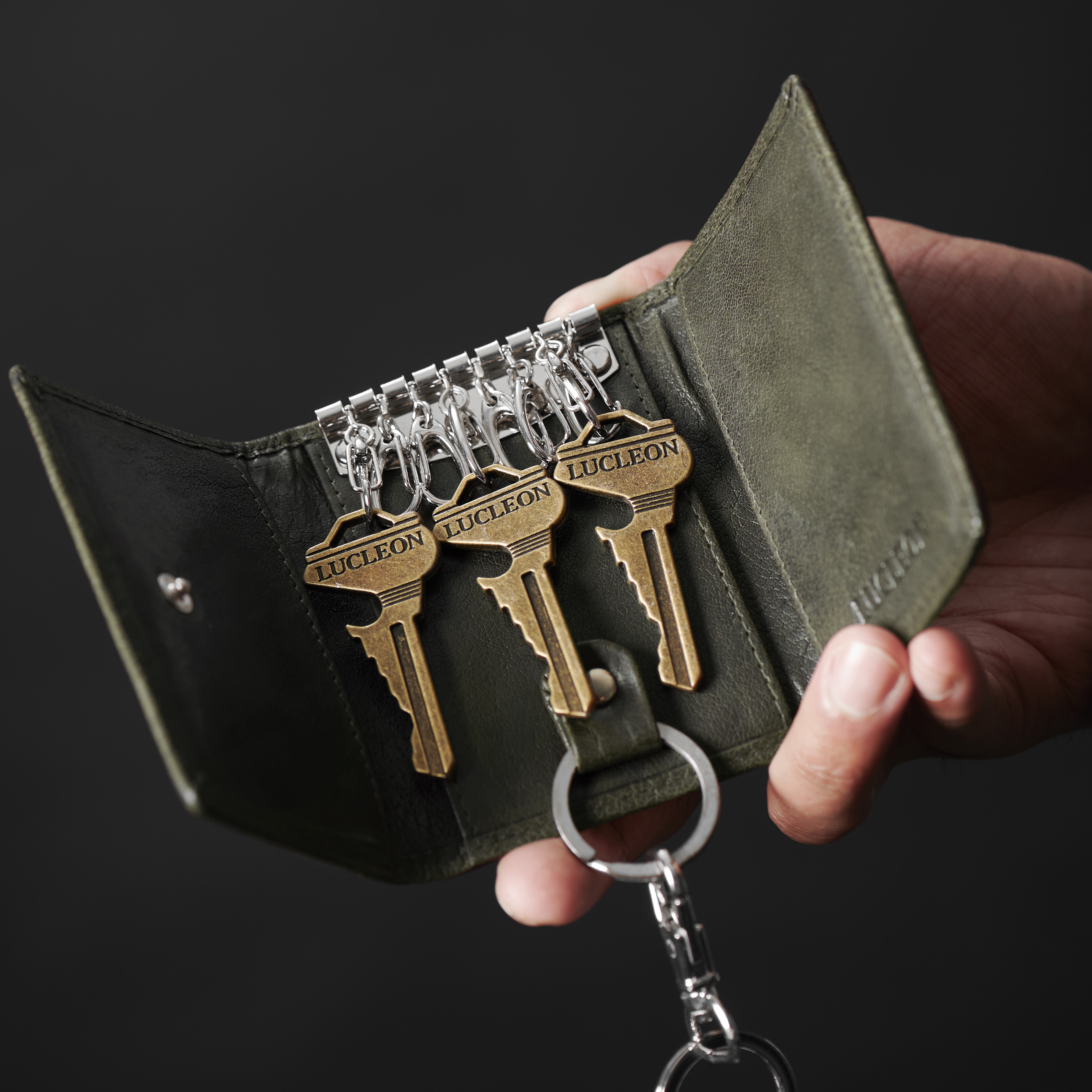 Montreal Olivengrønn RFID Nøkkelholder av Skinn - 3