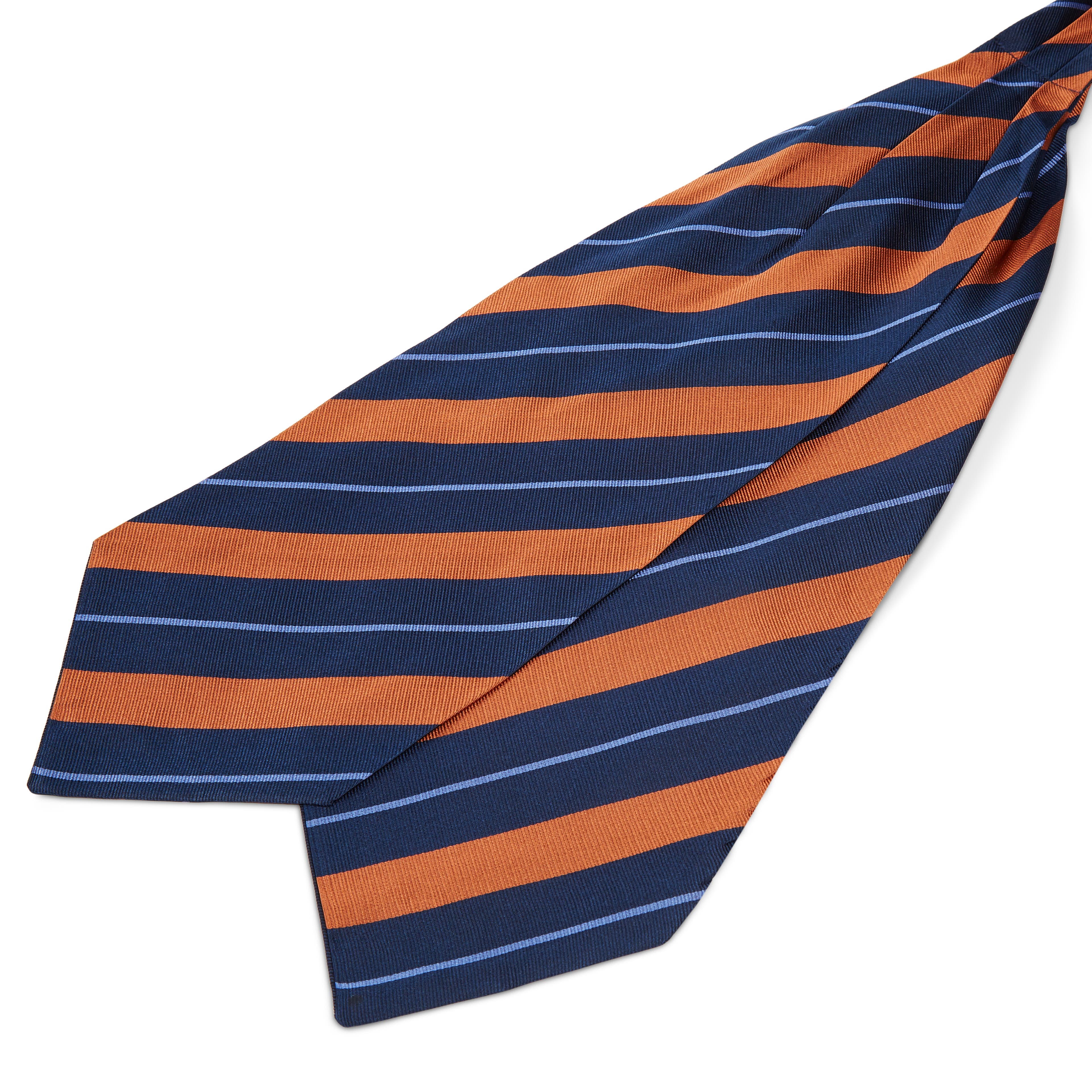 Cravatta ascot in seta blu navy con fantasia a righe arancio e azzurro