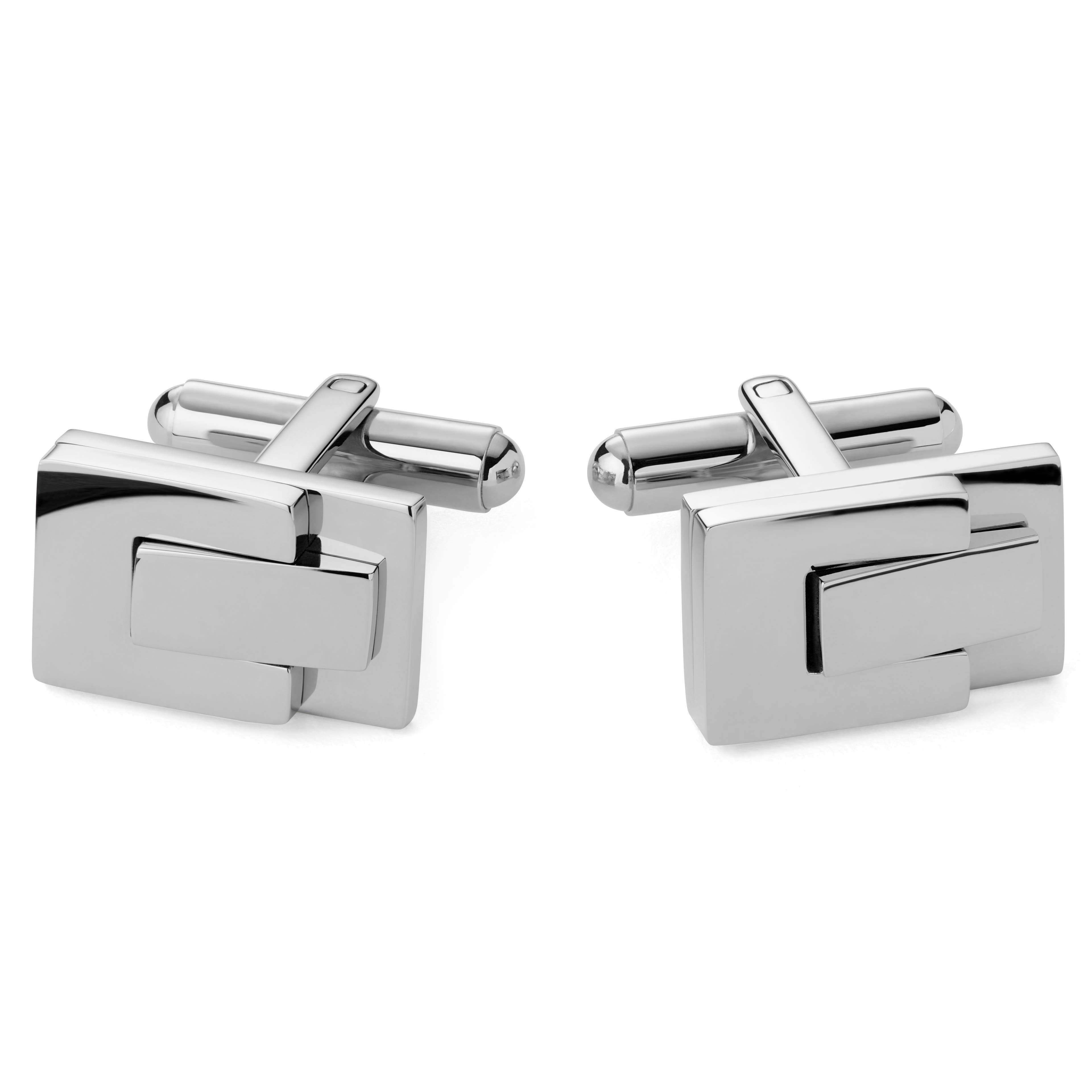 Rectangle Silver-Tone Stacked Stainless Steel Cufflinks