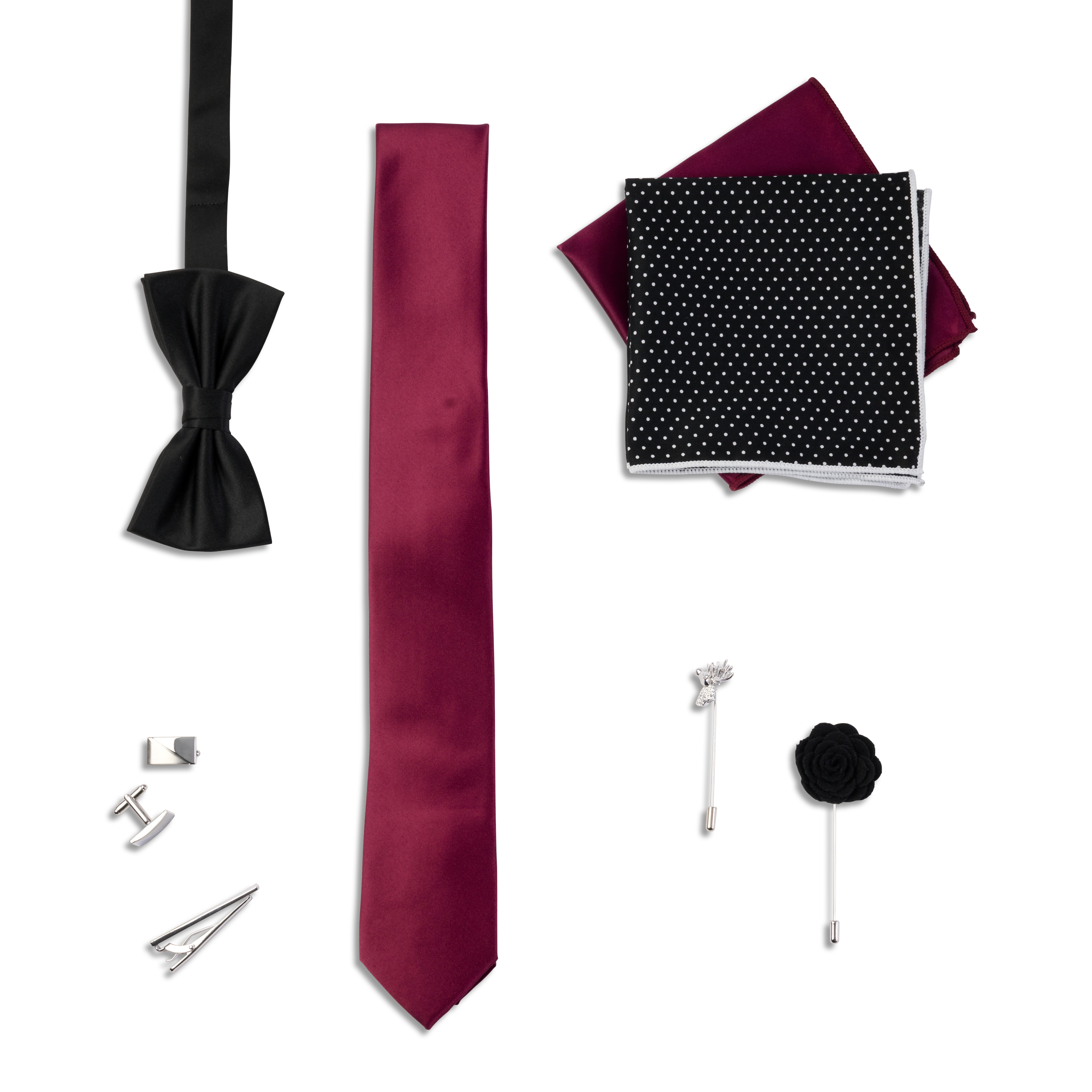 Anzug Accessoire Geschenkbox | Set in den Farben Schwarz, Burgunderrot und Silber - 4