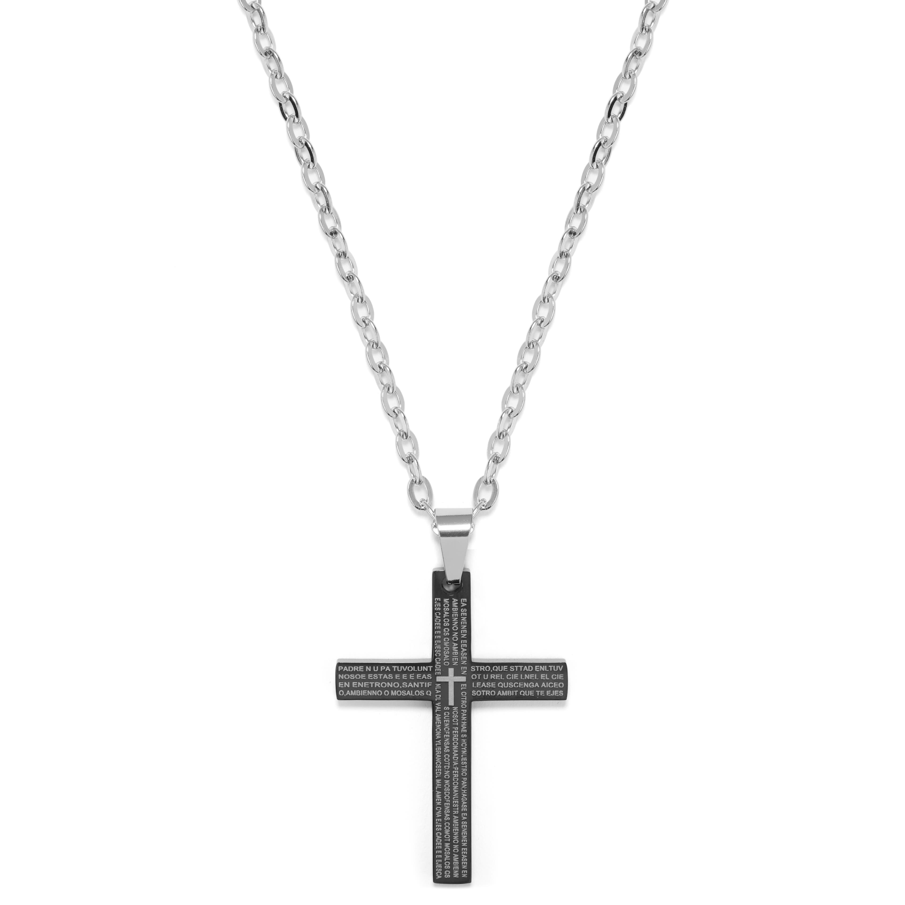Silver-Tone Stainless Steel Small Black Cross Cable Chain Necklace