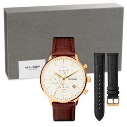 Caja de regalo para reloj de vestir con hora dual en tono dorado