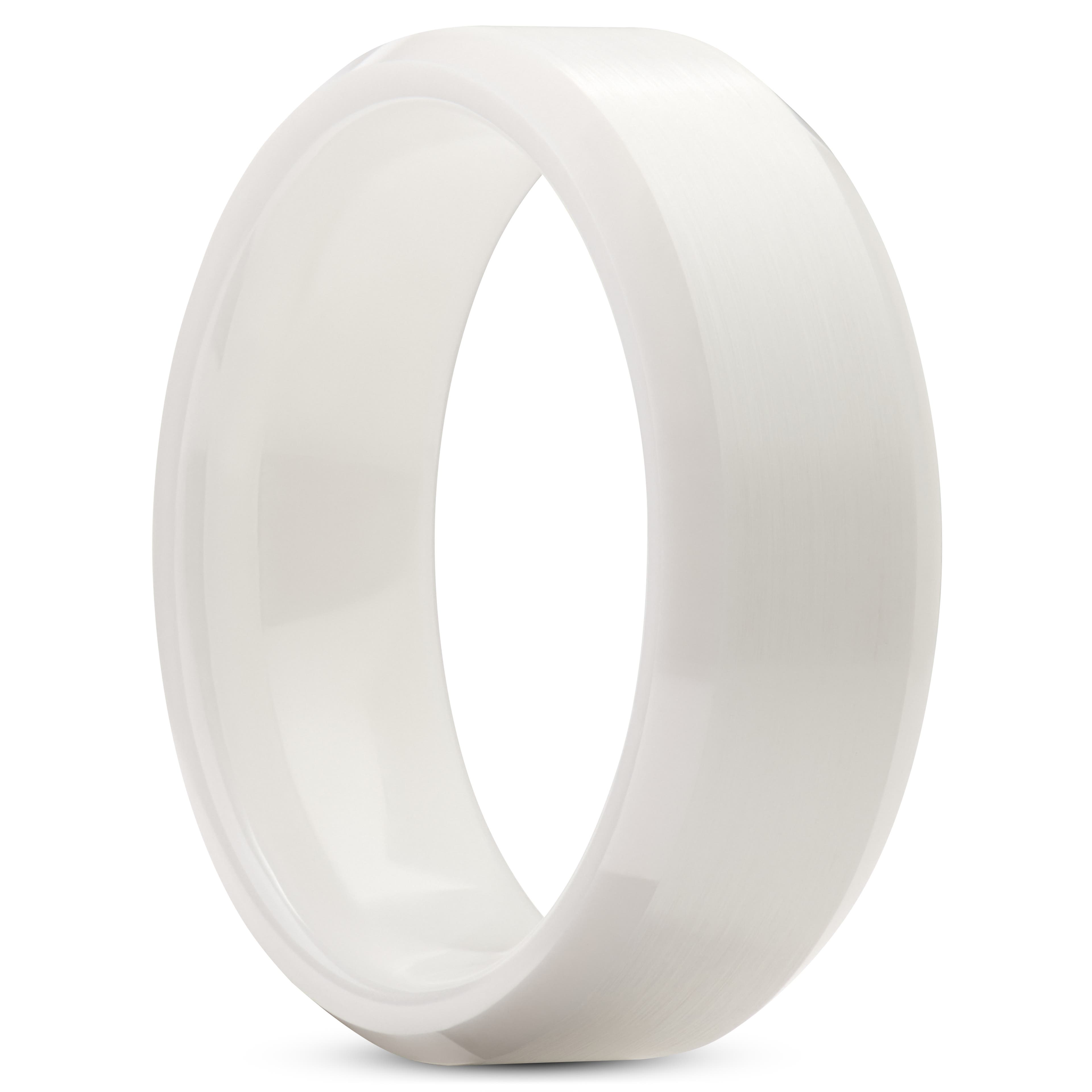 Ferrum | 8 mm White Brushed & Polished Bevelled Edge Ceramic Ring
