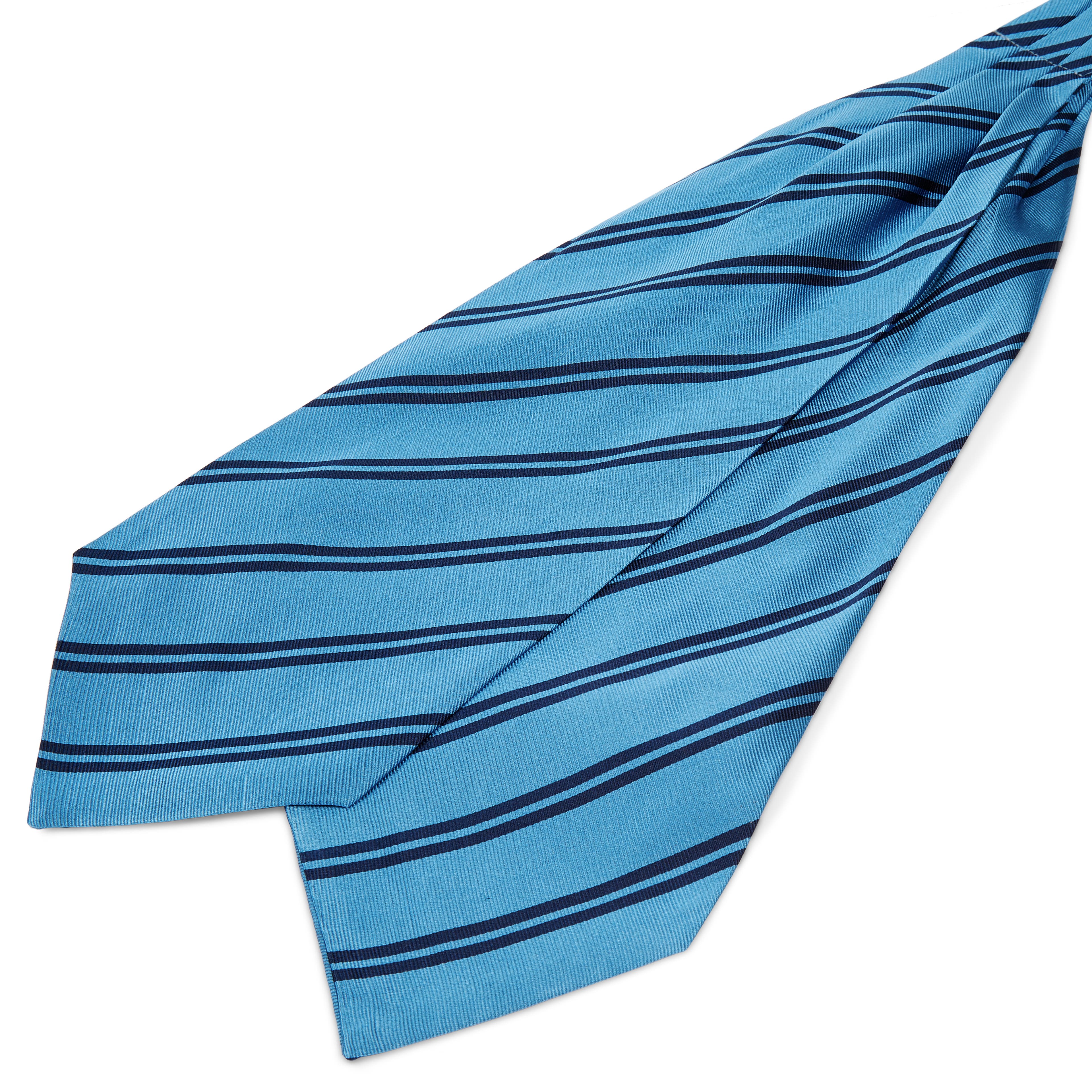 Cravatta ascot in seta azzurra con doppie righe blu navy