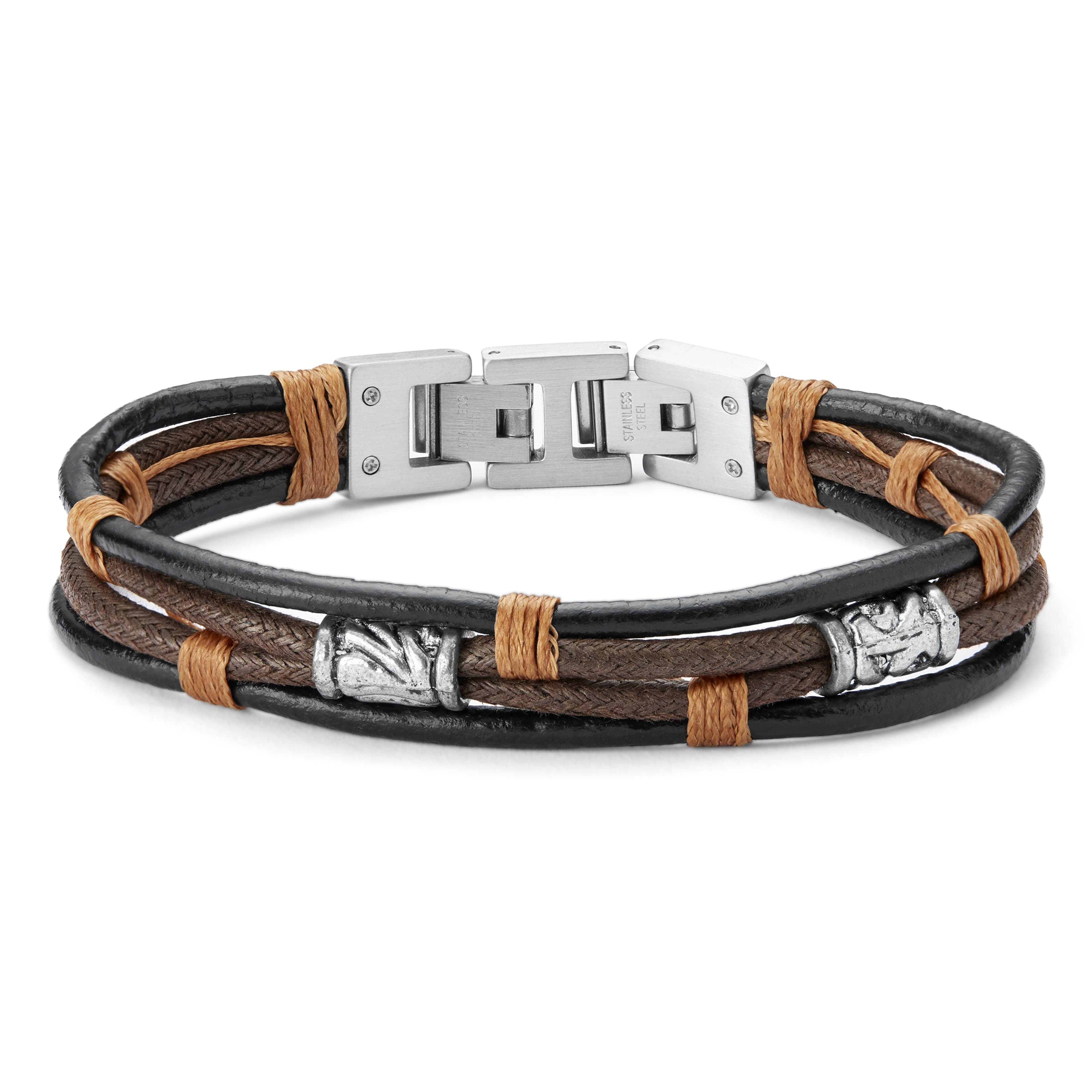 Bracelet en cordons de cuir brun et noir Icon