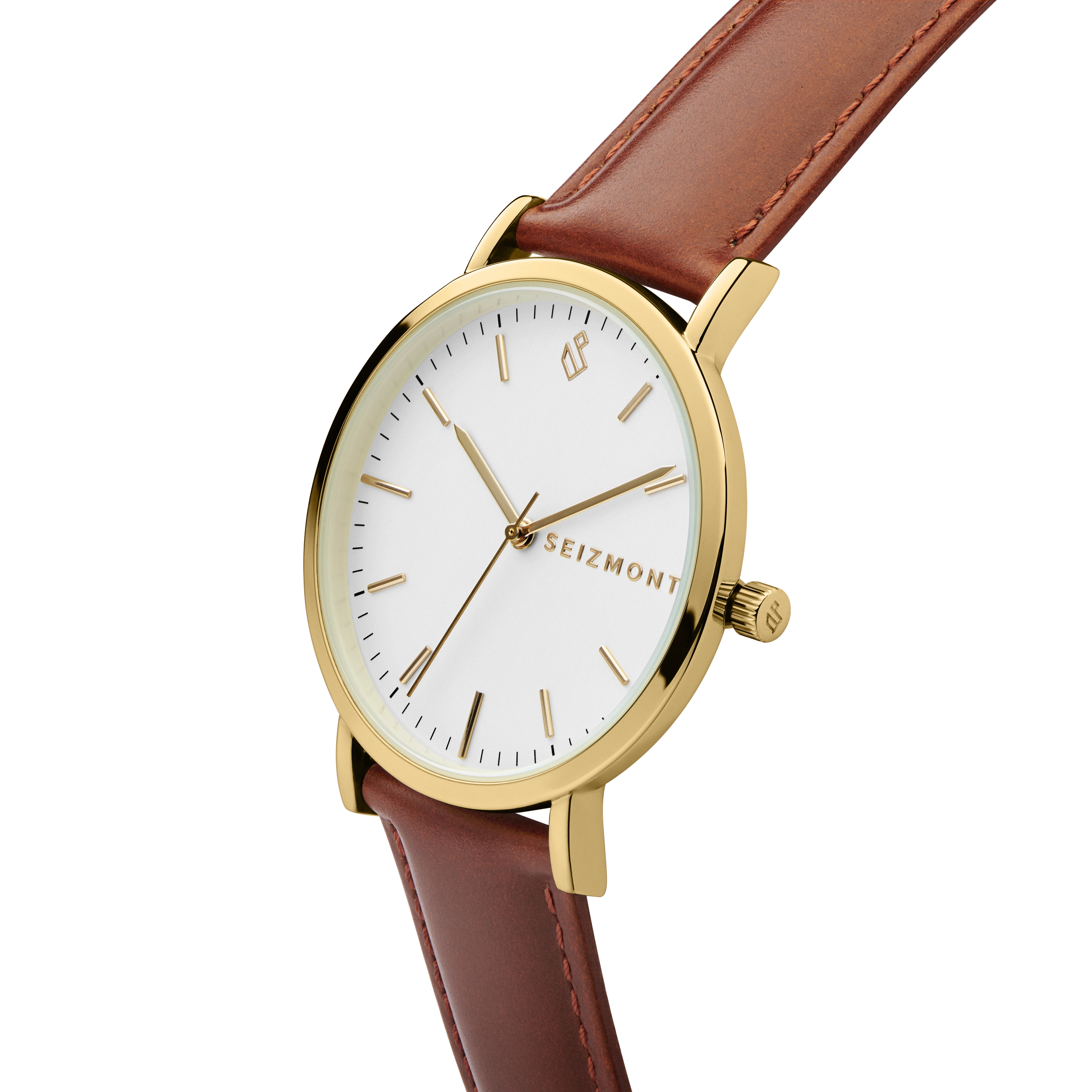 Moment | Kullansävyinen Minimalistinen Analogi Kvartsikello Valkoisella kellotaululla & Nahkarannekkeella - 2