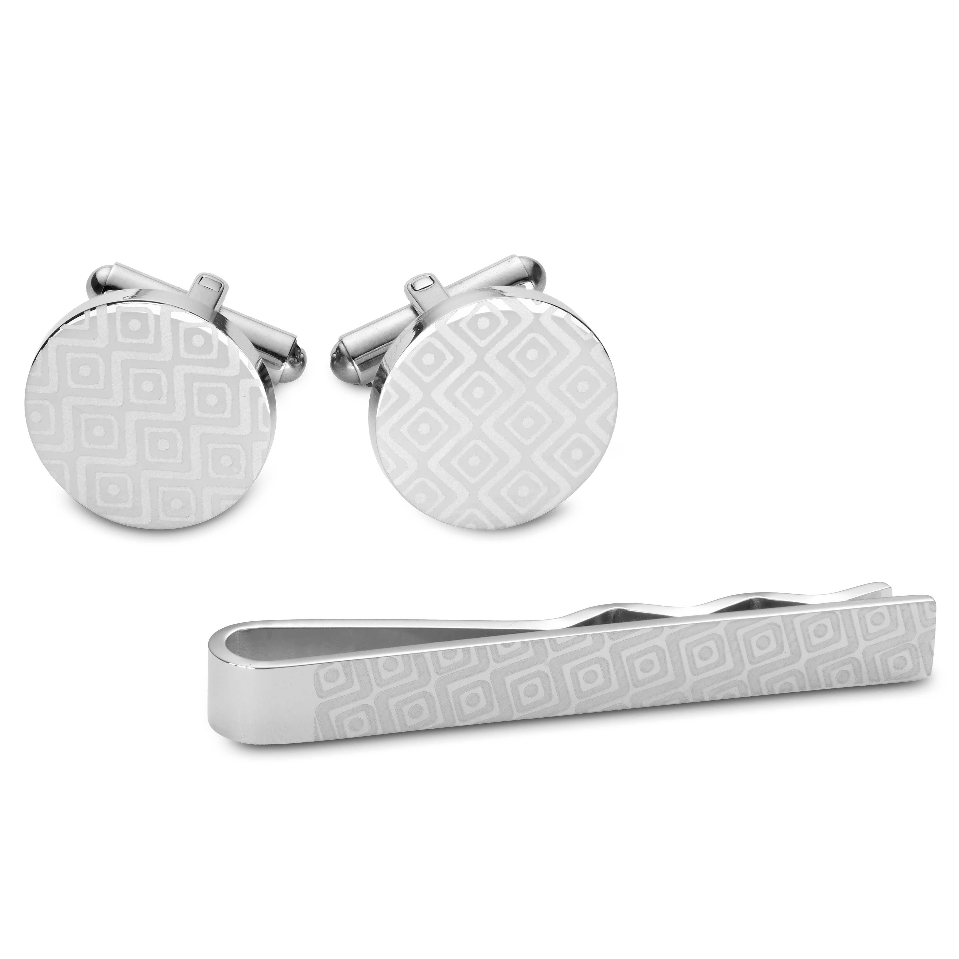 Silver-Tone Geometric Tie Bar and Cufflinks Set