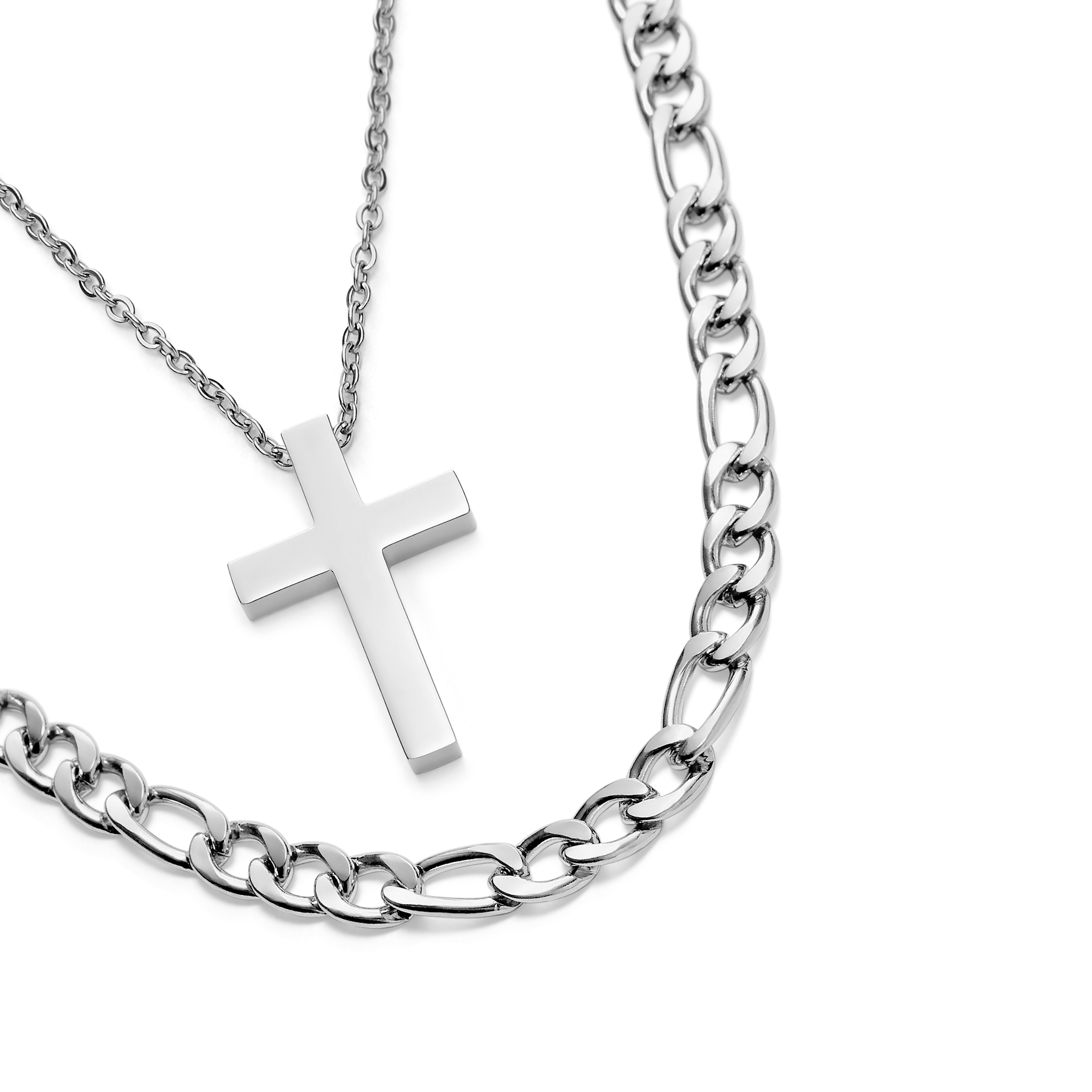 Silver-tone Cross and Figaro Chain Layering Set - 2
